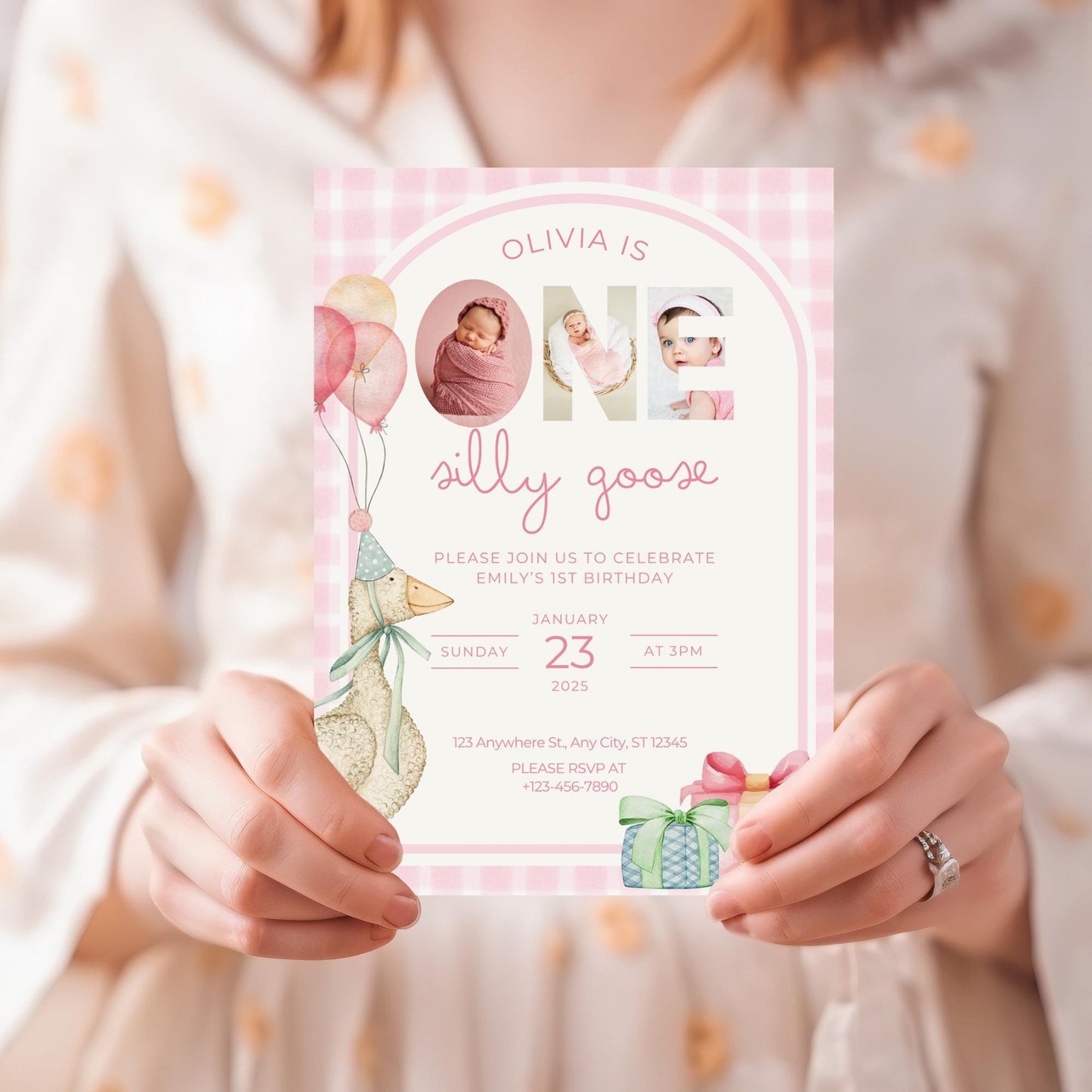 One Silly Goose Birthday Invite Pink Gingham Girl First Birthday 1st Birthday Silly Goose Decor Editable  Invitation Nursery Rhyme Birthday