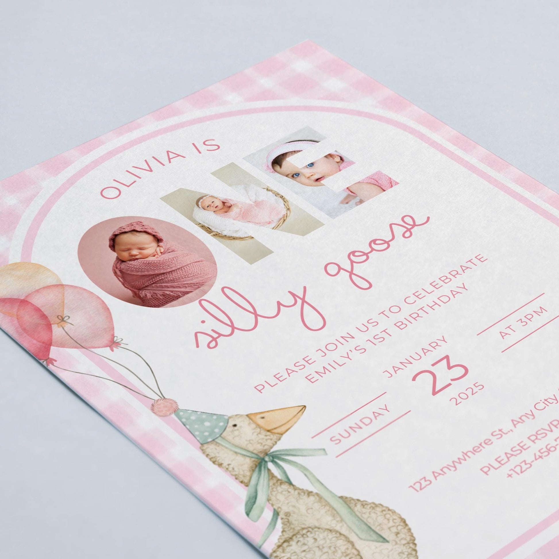 One Silly Goose Birthday Invite Pink Gingham Girl First Birthday 1st Birthday Silly Goose Decor Editable  Invitation Nursery Rhyme Birthday