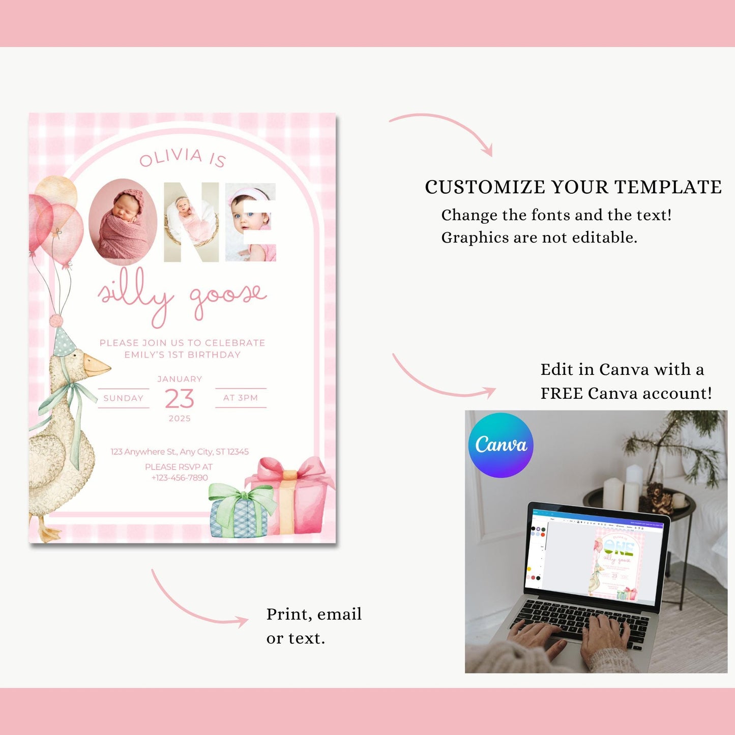 One Silly Goose Birthday Invite Pink Gingham Girl First Birthday 1st Birthday Silly Goose Decor Editable  Invitation Nursery Rhyme Birthday