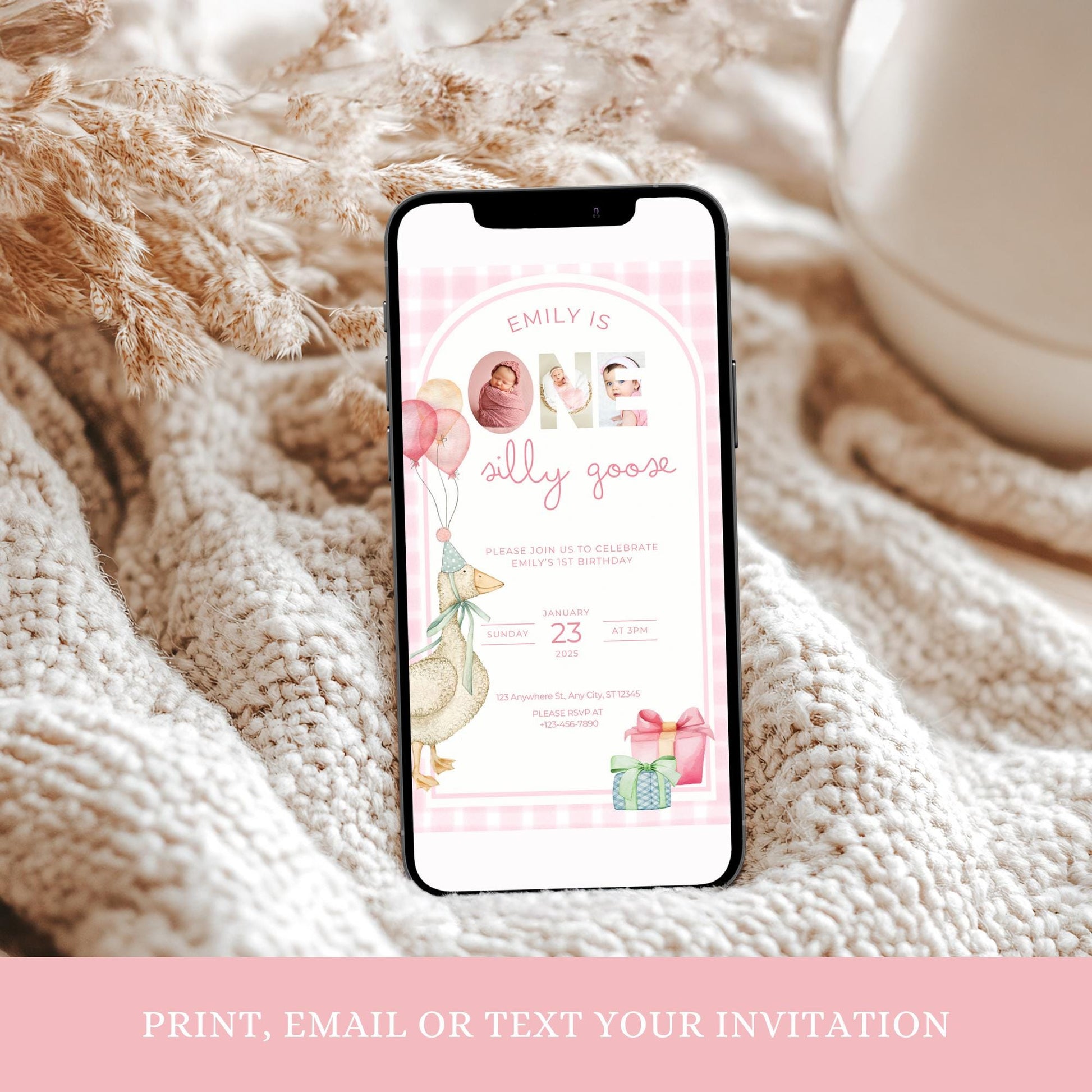 One Silly Goose Birthday Invite Pink Gingham Girl First Birthday 1st Birthday Silly Goose Decor Editable  Invitation Nursery Rhyme Birthday