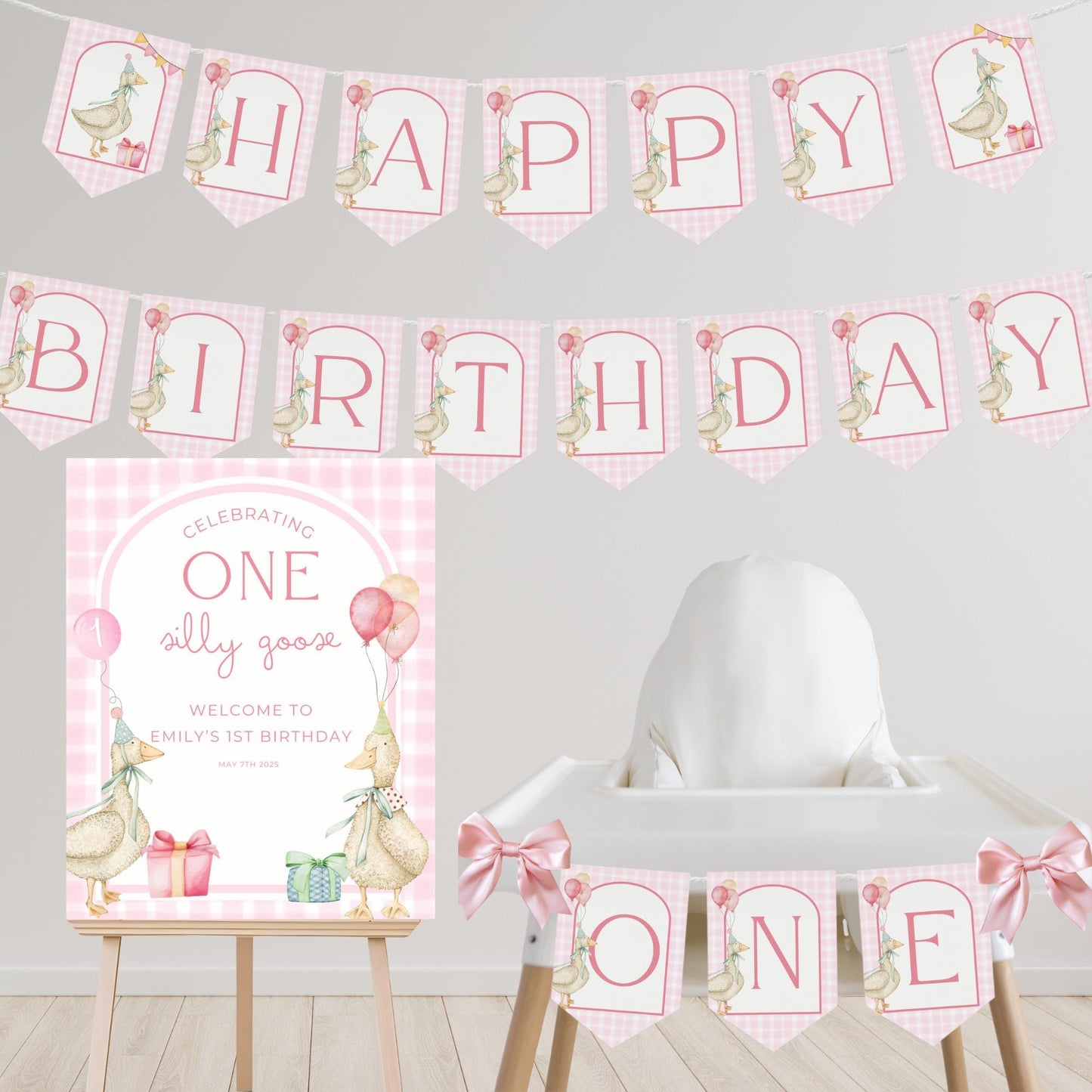 One Silly Goose Birthday High Chair Banner Goose 1st Birthday Pink Gingham Birthday decor Silly Little Goose Birthday Sign Cake Smash