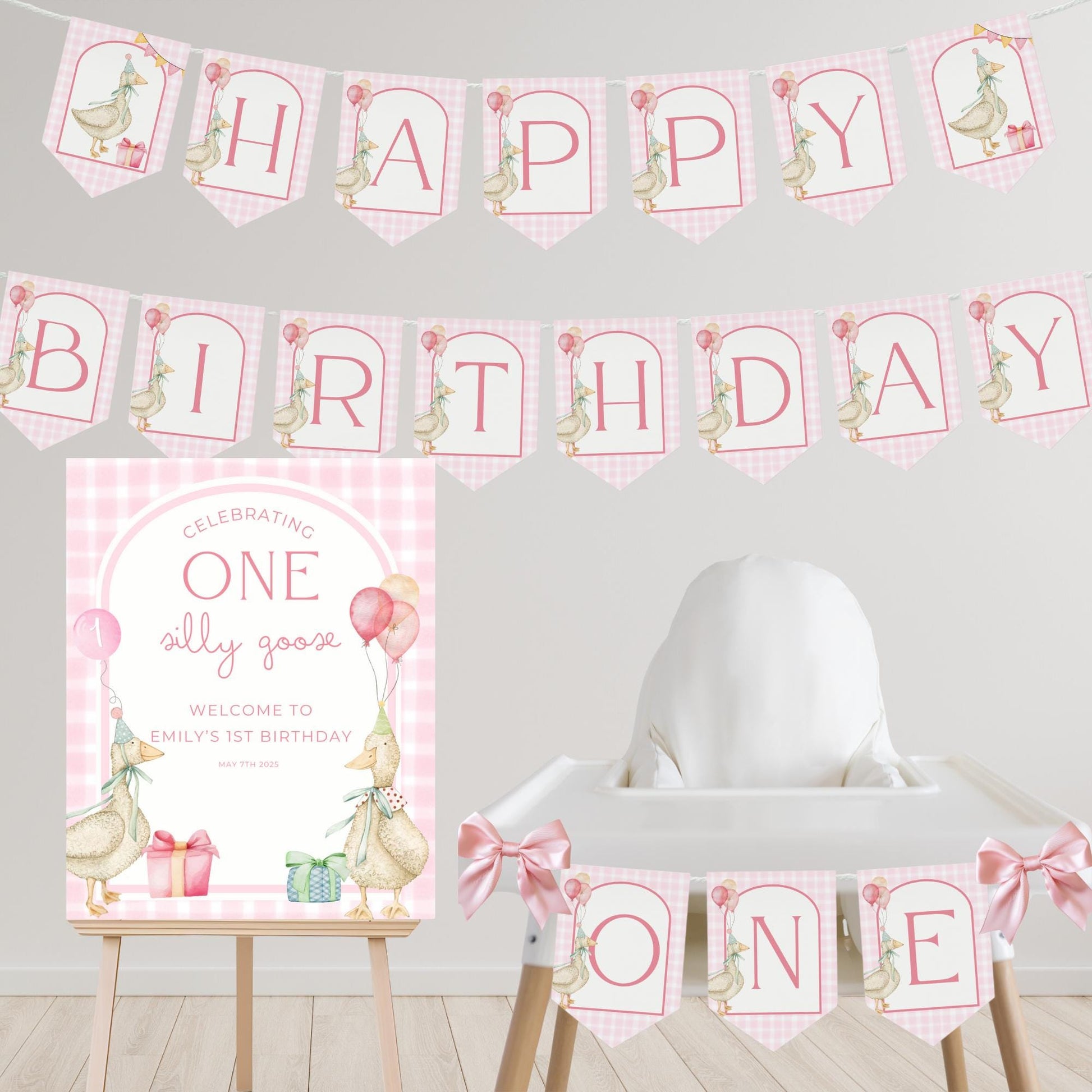 One Silly Goose Birthday High Chair Banner Goose 1st Birthday Pink Gingham Birthday decor Silly Little Goose Birthday Sign Cake Smash