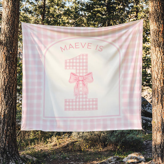 Pink Bow Birthday Personalized Banner 1st Birthday Pink Coquette Party Decor Photo Backdrop Ribbon Custom Banner First Birthday Gingham