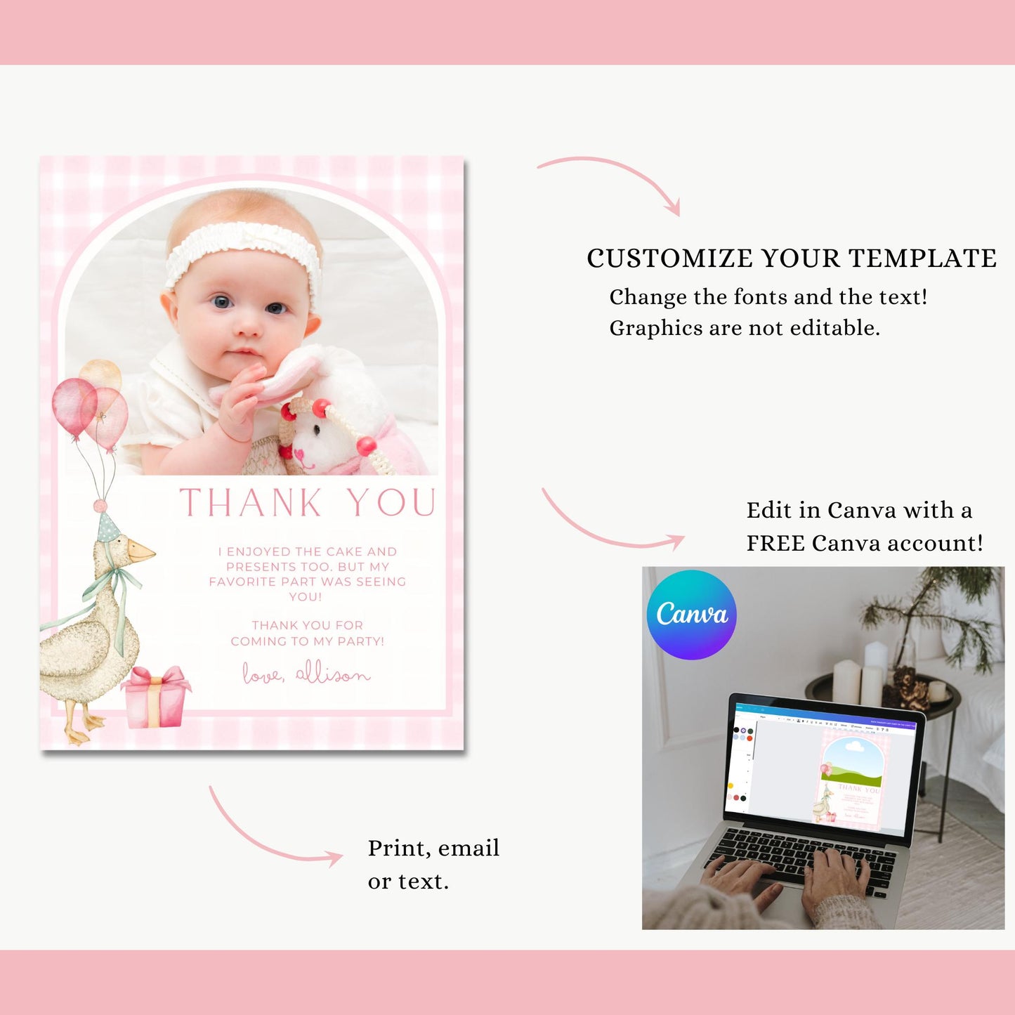 One Silly Goose Birthday Thank you Card 1st Birthday Goose themed First Birthday Favor Tags Editable Template One Lucky Duck party