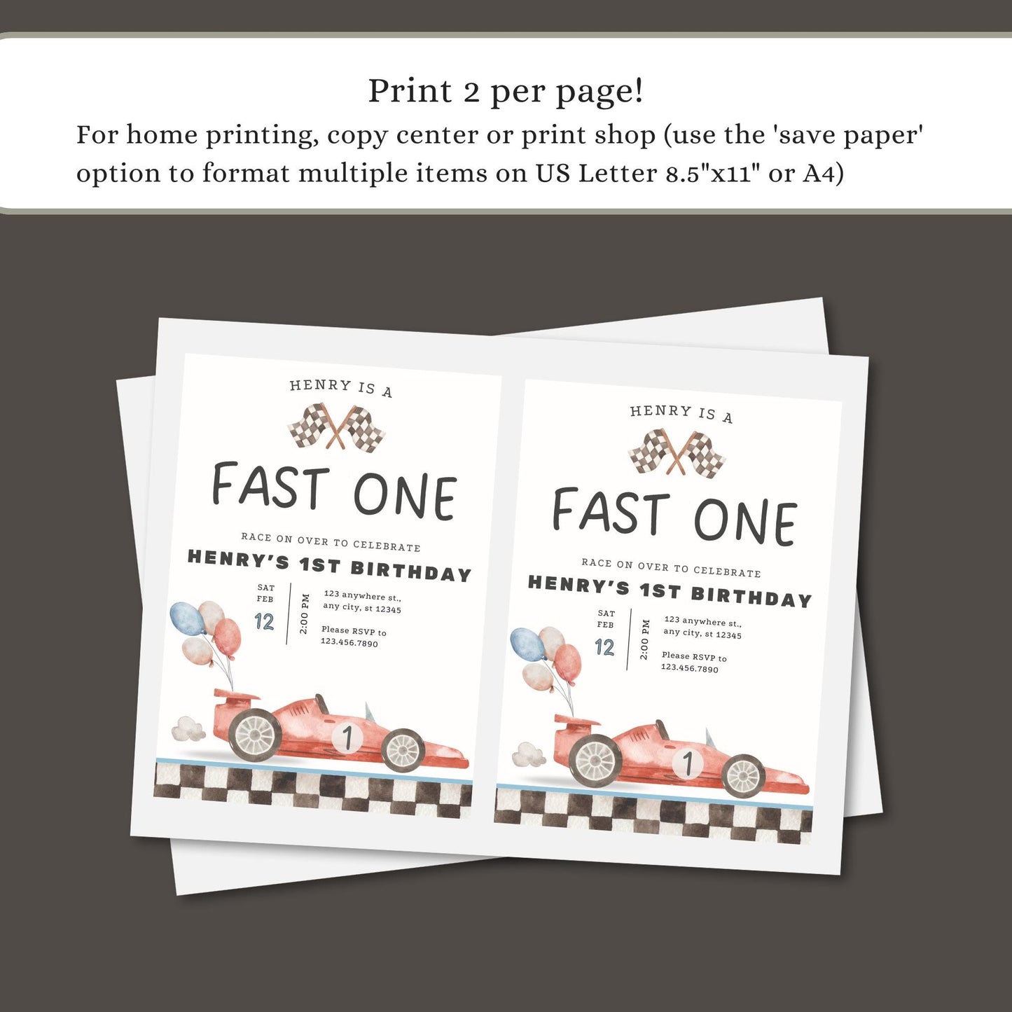 Fast One Birthday Invitation - Vintage Race Car - Editable Template - Instant Download for Boys