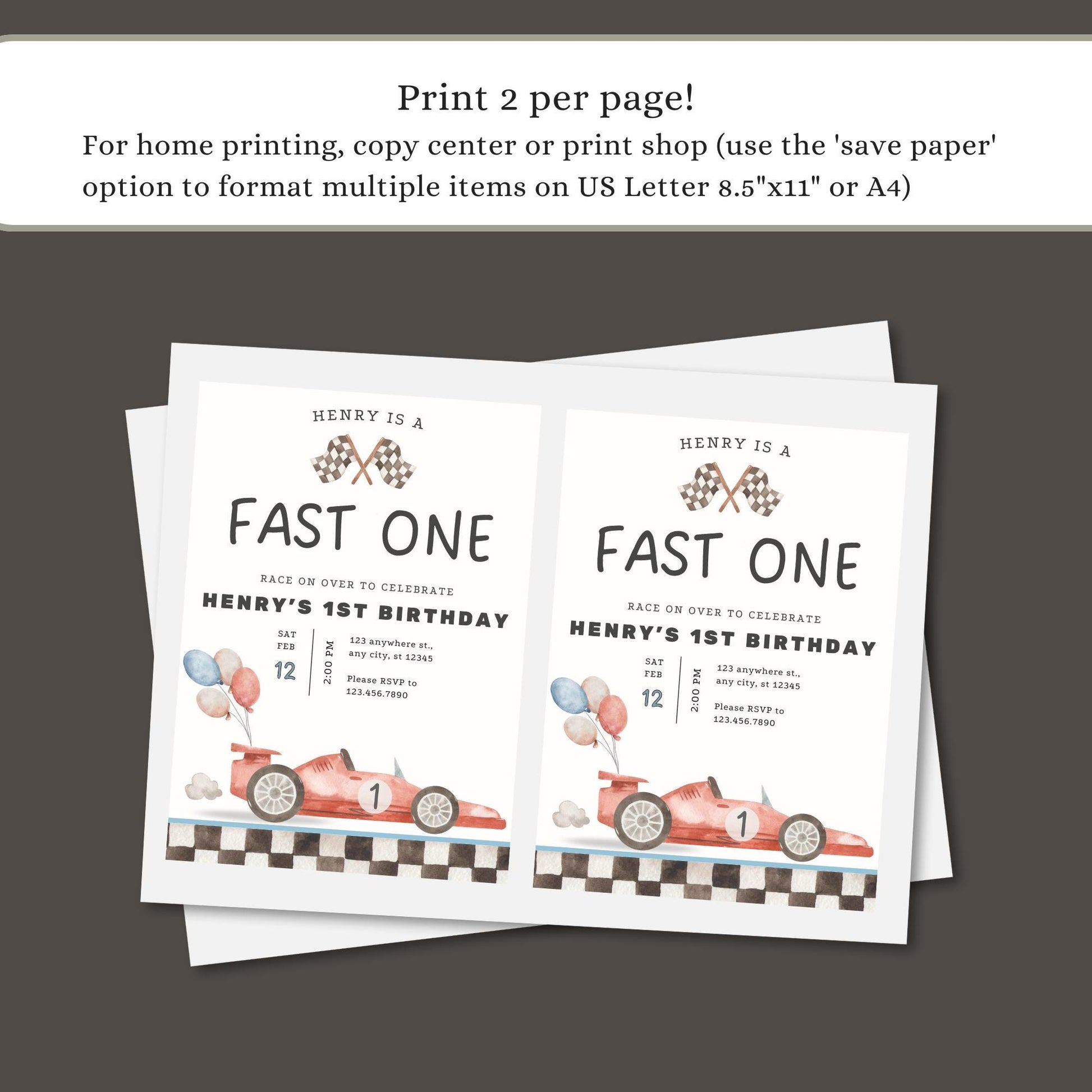Fast One Birthday Invitation - Vintage Race Car - Editable Template - Instant Download for Boys