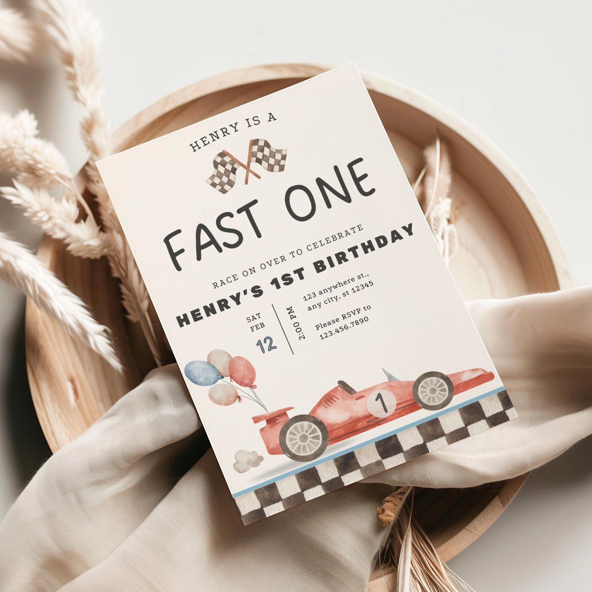 Editable Fast One Birthday Invitation - Racing Car Theme - Printable Template - First Birthday Invite