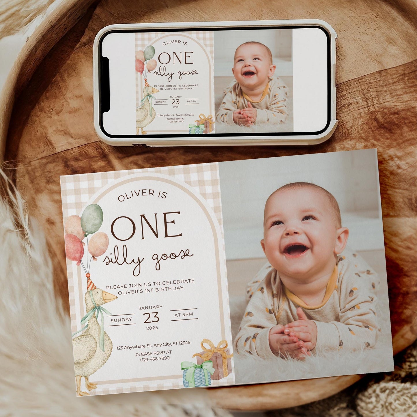 One Silly Goose Birthday Invite Gender Neutral First Birthday 1st Birthday Silly Goose Decor Editable  Invitation Nursery Rhyme Birthday