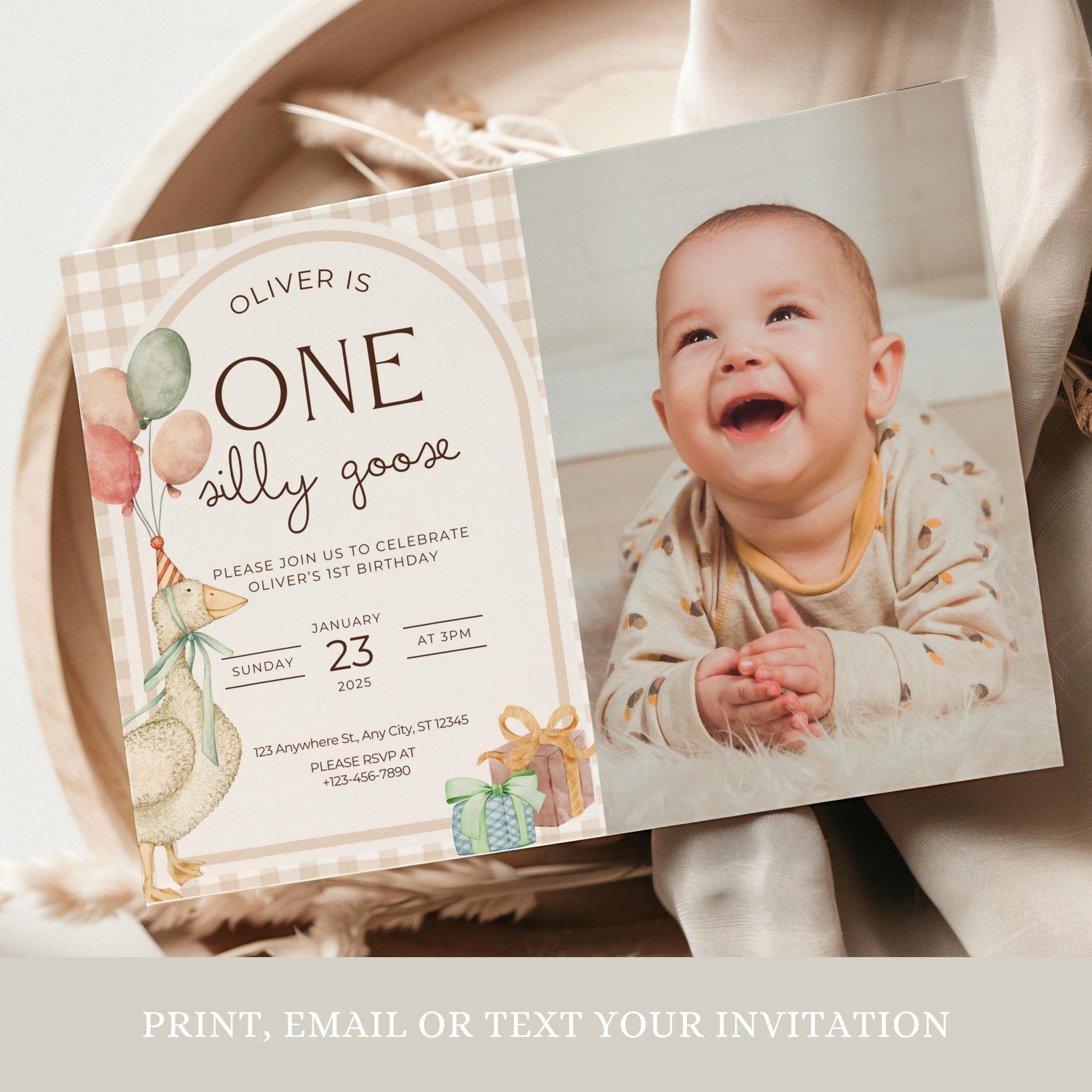 One Silly Goose Birthday Invite Gender Neutral First Birthday 1st Birthday Silly Goose Decor Editable  Invitation Nursery Rhyme Birthday