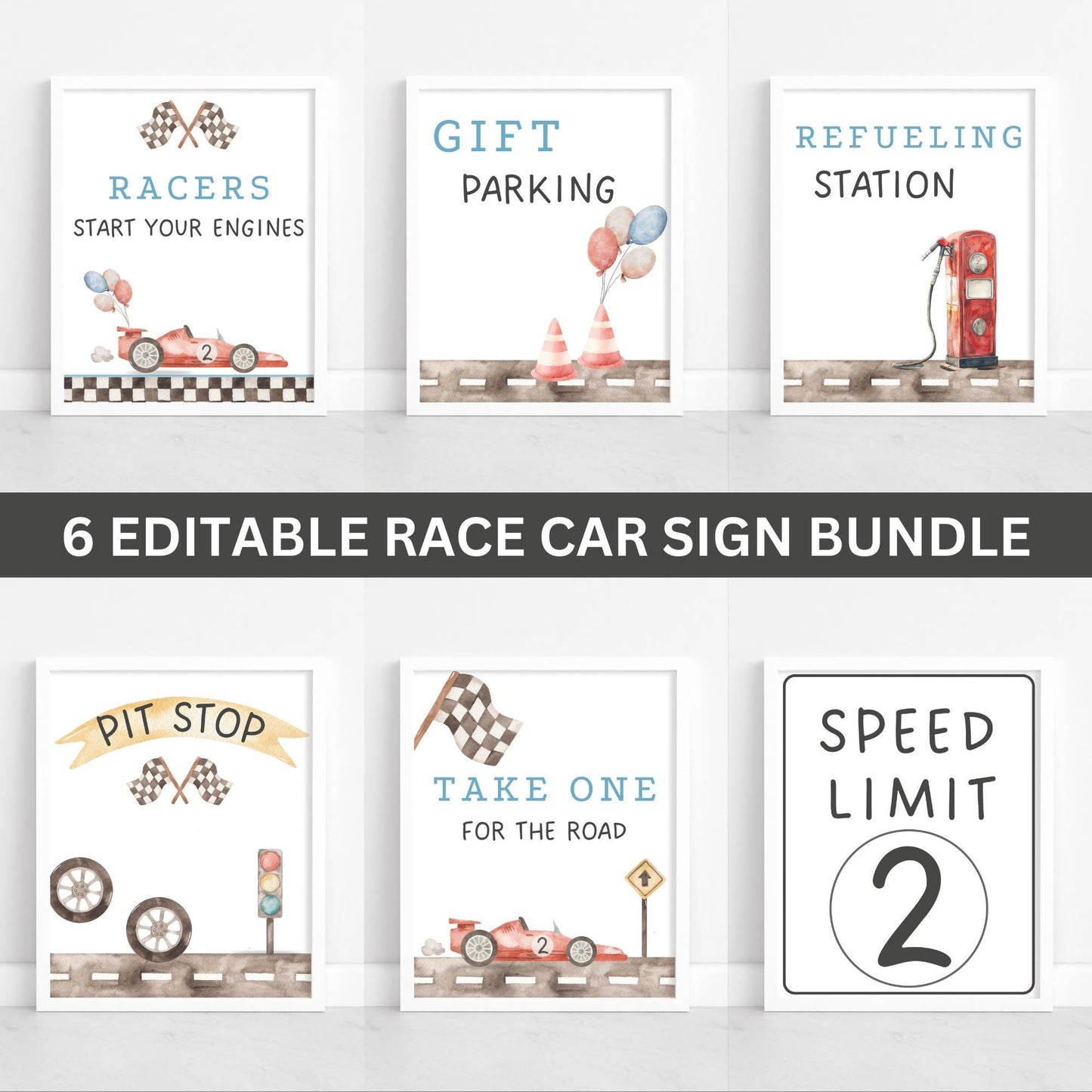 Editable Racing Party Signs Bundle Two Fast Birthday Table Decor Blue Race Car 2nd Birthday Printable Food Drink Sign Favor Gifts Sign Boy