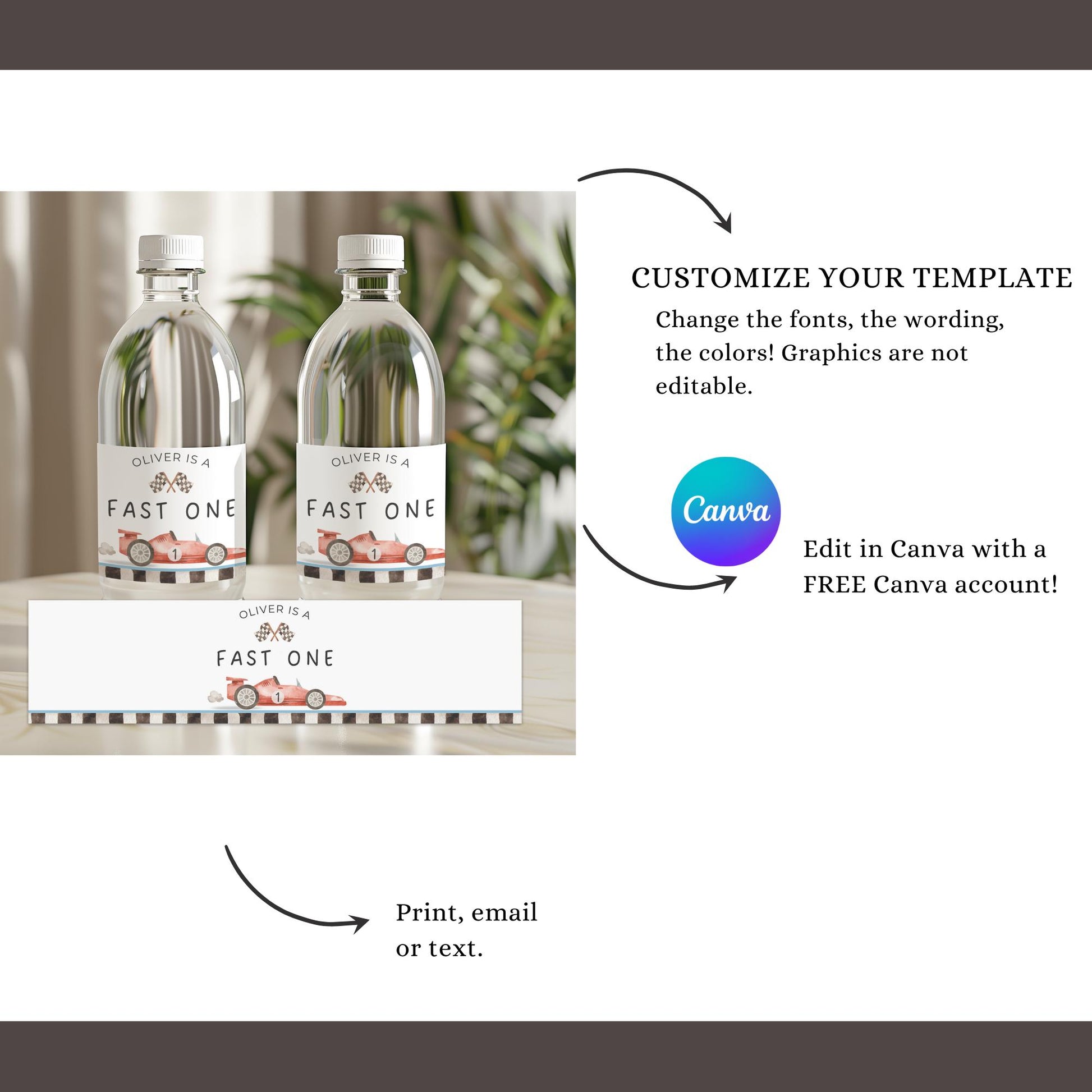 Fast One Birthday Party Water Bottle Label Editable Drink Label Digital Download Canva Race car 1st Birthday Party Racing Birthday decor