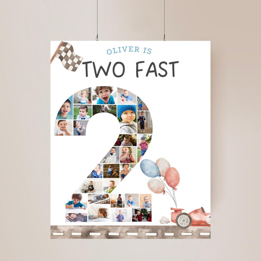 Two Fast Birthday Sign Photo Collage Editable Race Car Party Monthly Banner 2nd Birthday Photo Banner Milestone photo sign