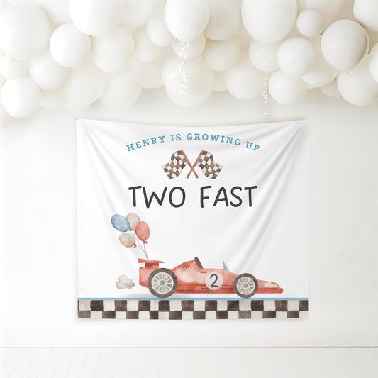 Two Fast Birthday Personalized Banner 2nd Birthday Racecar Party Decor Photo Backdrop Racing Custom Banner Two Fast Two Curious Wall Decor