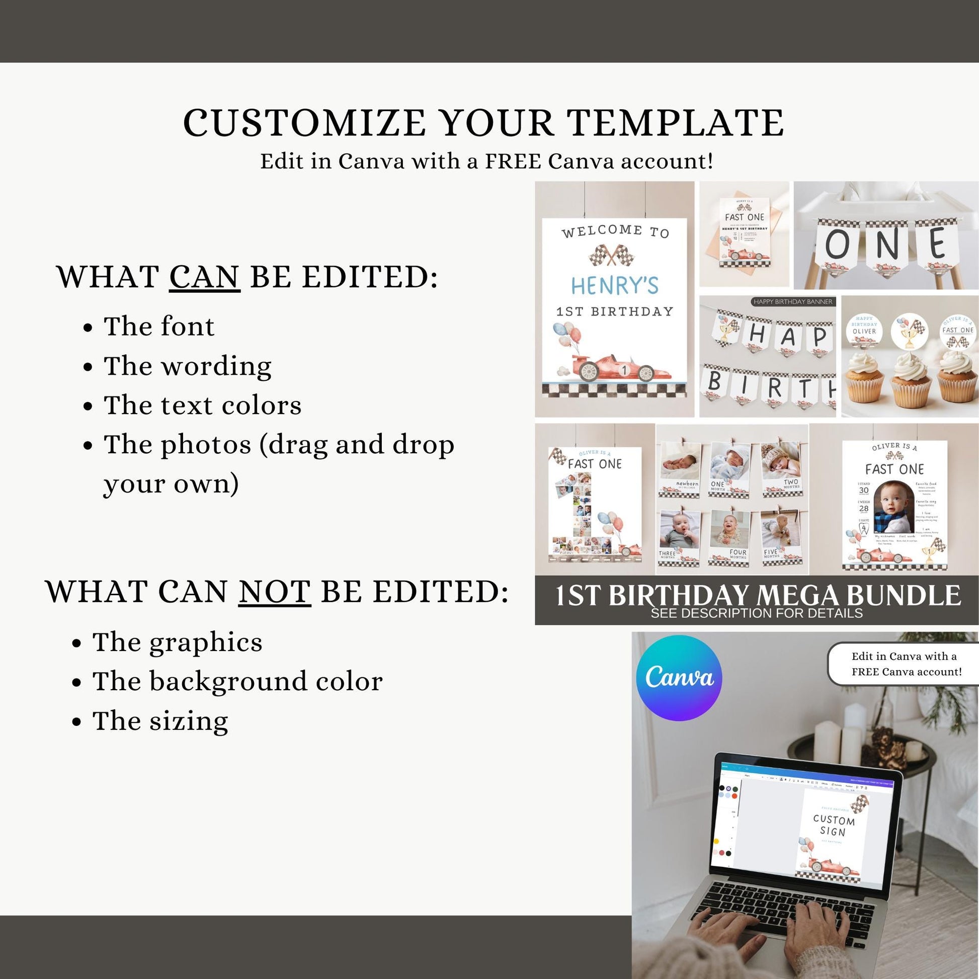 Fast One Birthday Bundle, Retro Race Car First Birthday Party Decorations, Fast One Birthday, Vintage Blue Racing Car, Digital Download