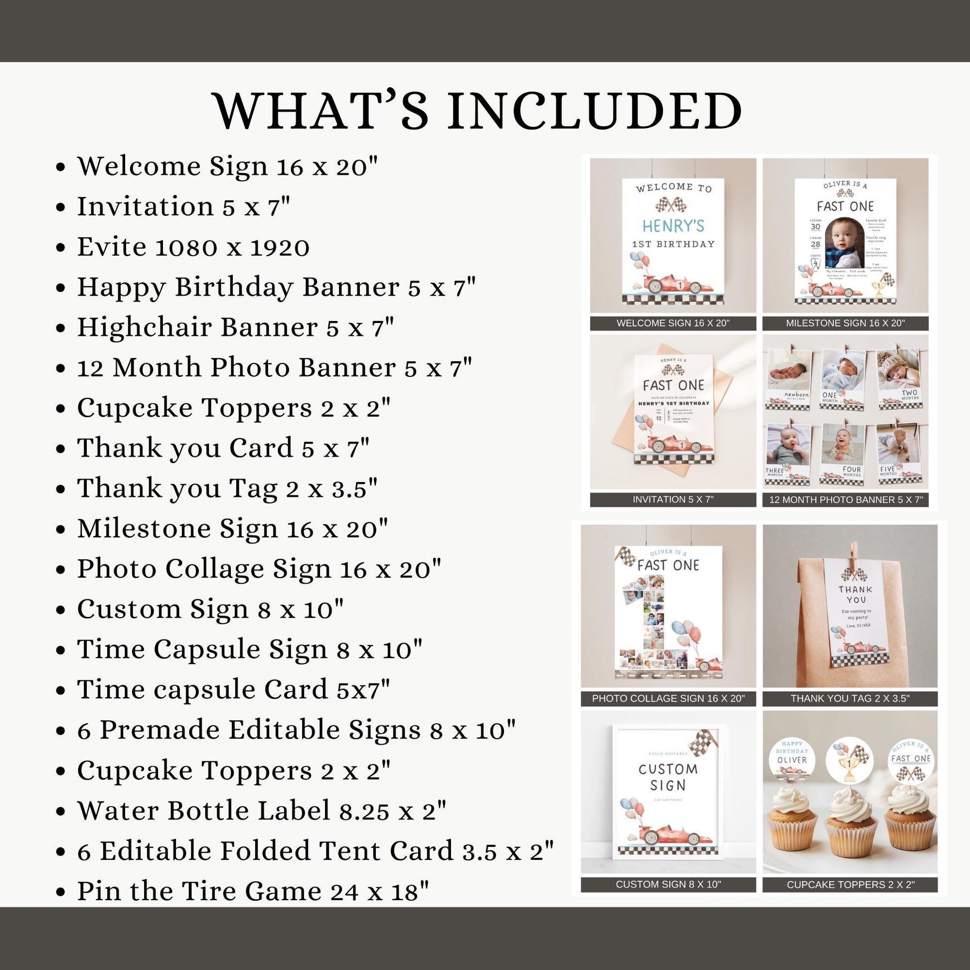 Editable Fast One Birthday Signs Bundle, Racing Party Signs Bundle, Race Car 1st Birthday Invitation, Fast One Birthday Bundle