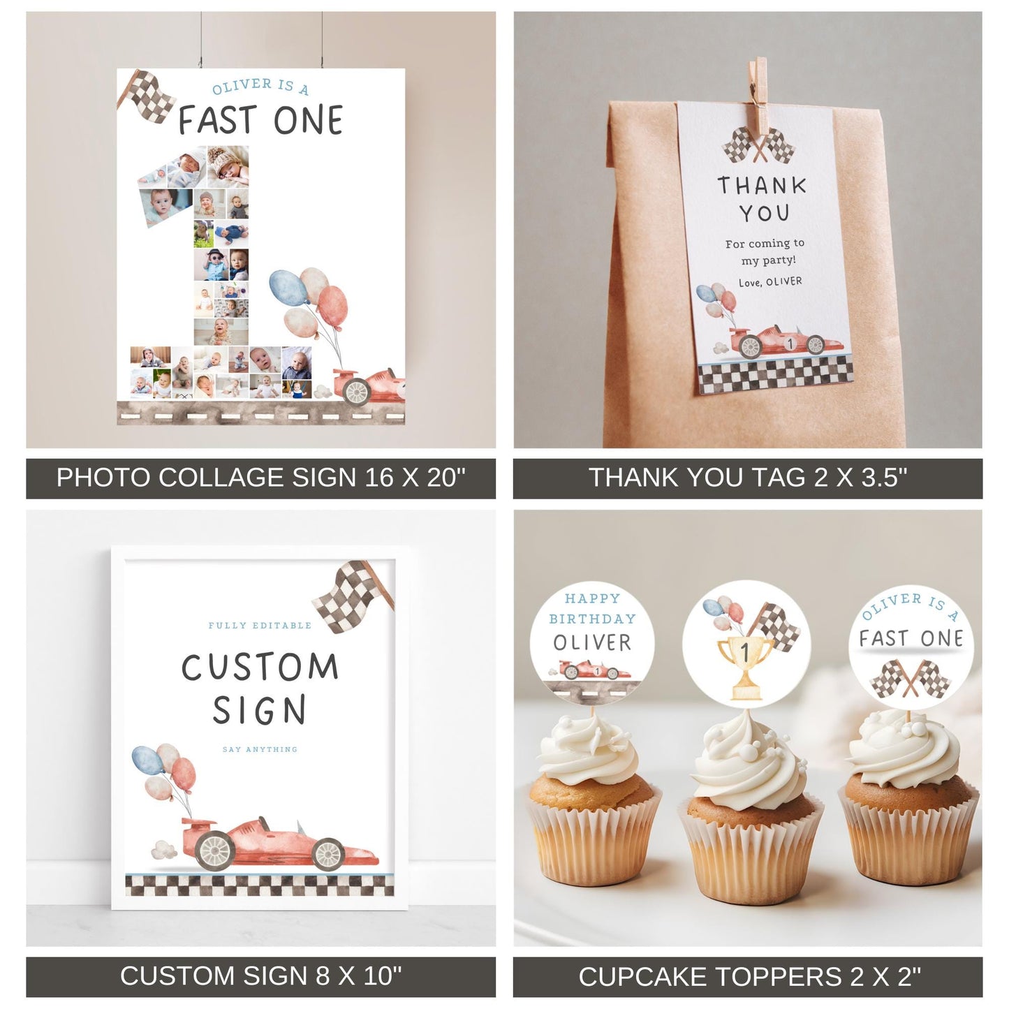 Race Car Birthday Bundle - Fast One Theme - Editable Invitation & Decor - First Birthday Party