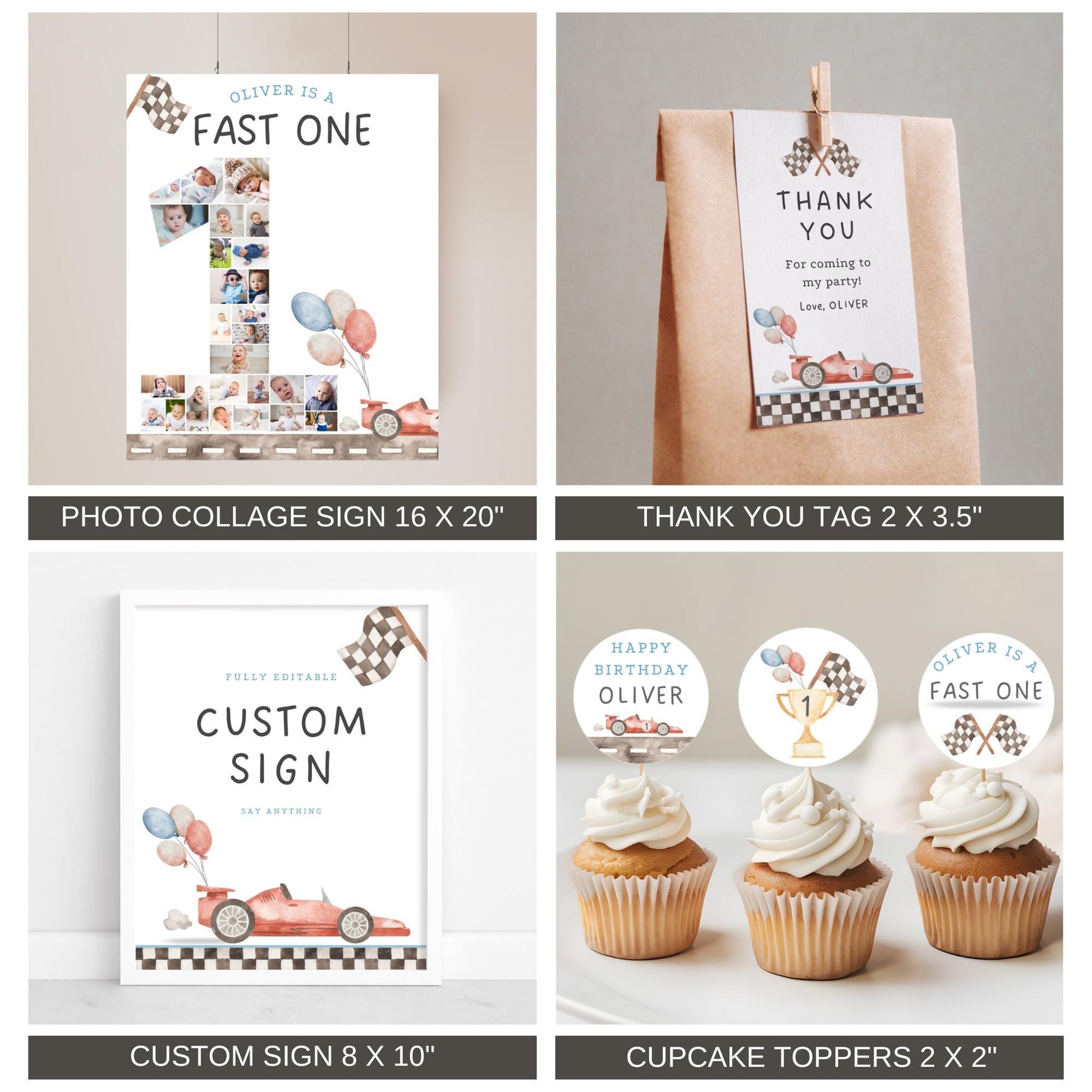 Race Car Birthday Bundle - Fast One Theme - Editable Invitation & Decor - First Birthday Party