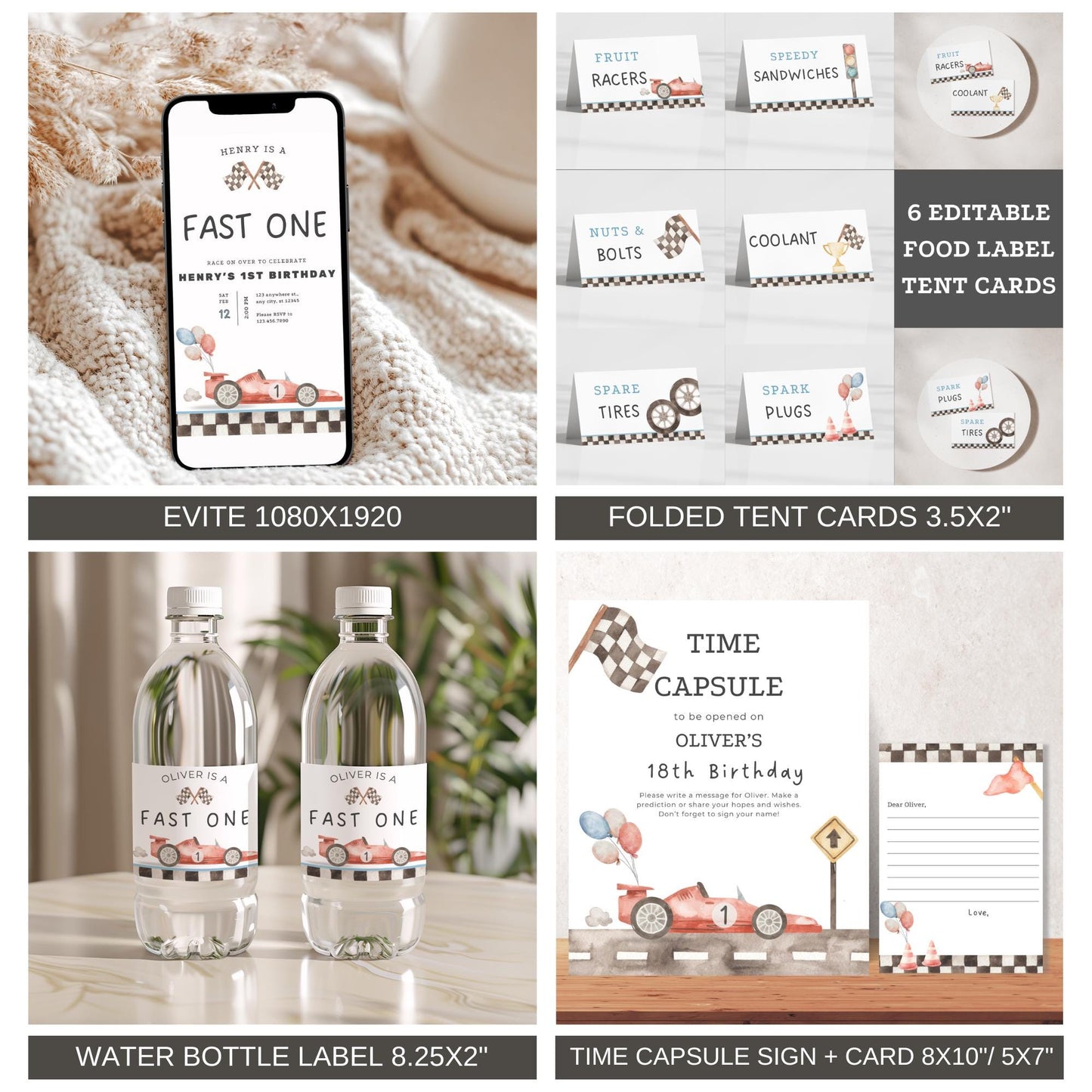 Fast One Birthday Party Bundle - Vintage Race Car Decor - Editable Templates - Instant Download