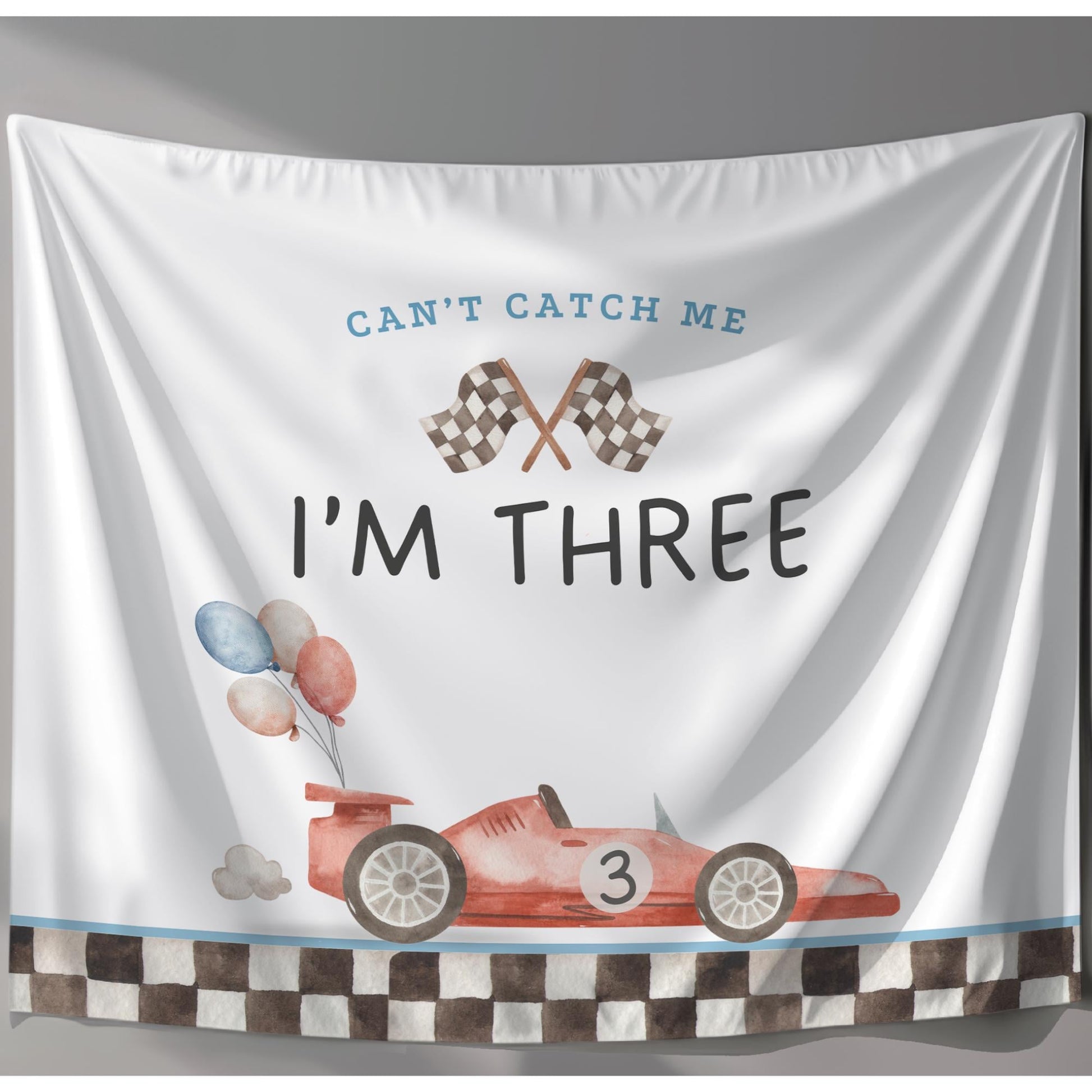Racecar 3rd Birthday Personalized Banner Can&#39;t catch me I&#39;m Three Party Decor Photo Backdrop Racing Custom Banner Race Track