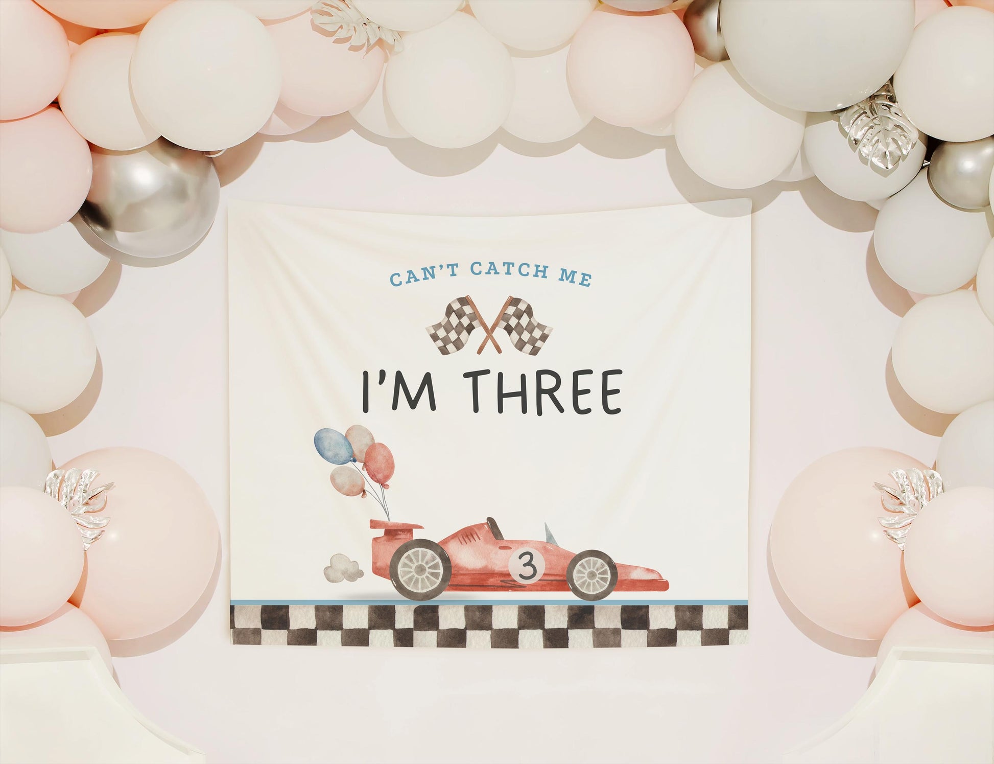 Racecar 3rd Birthday Personalized Banner Can&#39;t catch me I&#39;m Three Party Decor Photo Backdrop Racing Custom Banner Race Track