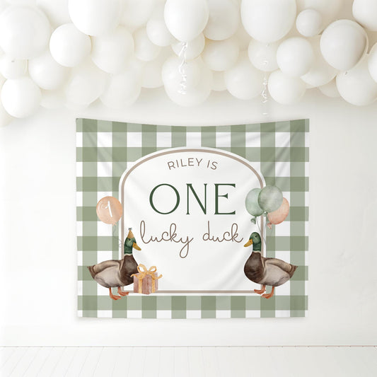 One Lucky Duck Birthday Personalized Banner 1st Birthday Lucky Duck Party Decor Photo Backdrop Duck Custom Banner First Birthday Ideas