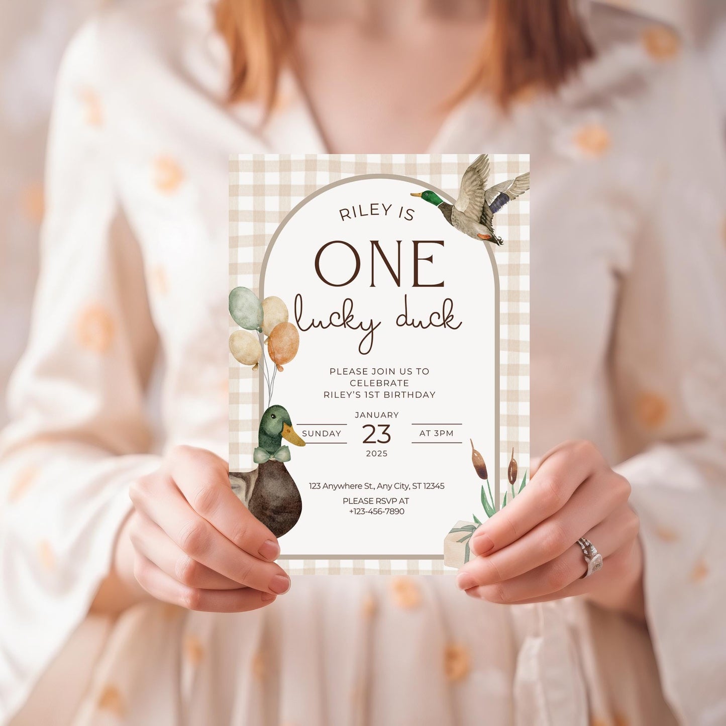 One Lucky Duck Birthday Invite Mallard Duck First Birthday 1st Birthday Duck theme Decor Editable  Invitation Duck Party Decorations