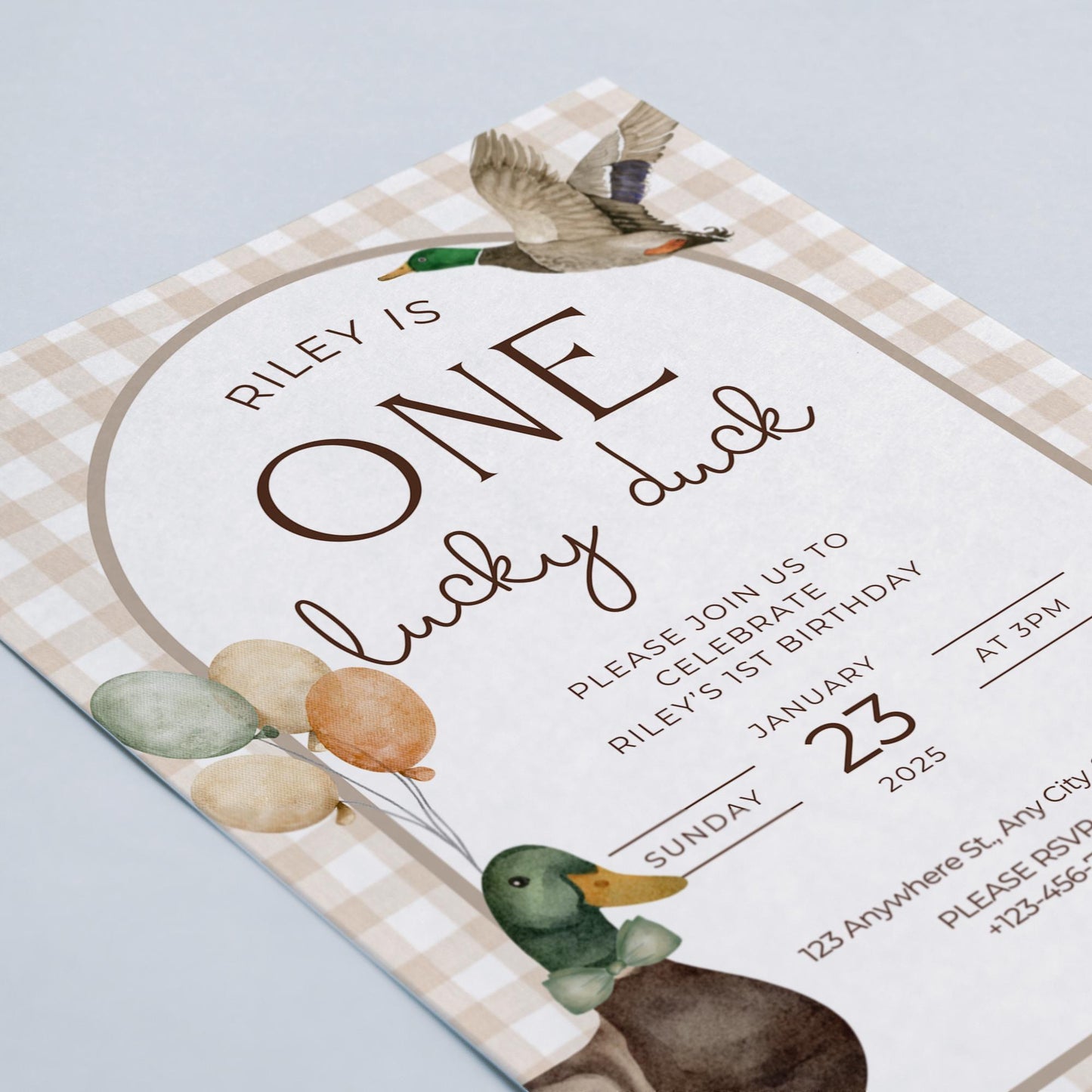 One Lucky Duck Birthday Invite Mallard Duck First Birthday 1st Birthday Duck theme Decor Editable  Invitation Duck Party Decorations