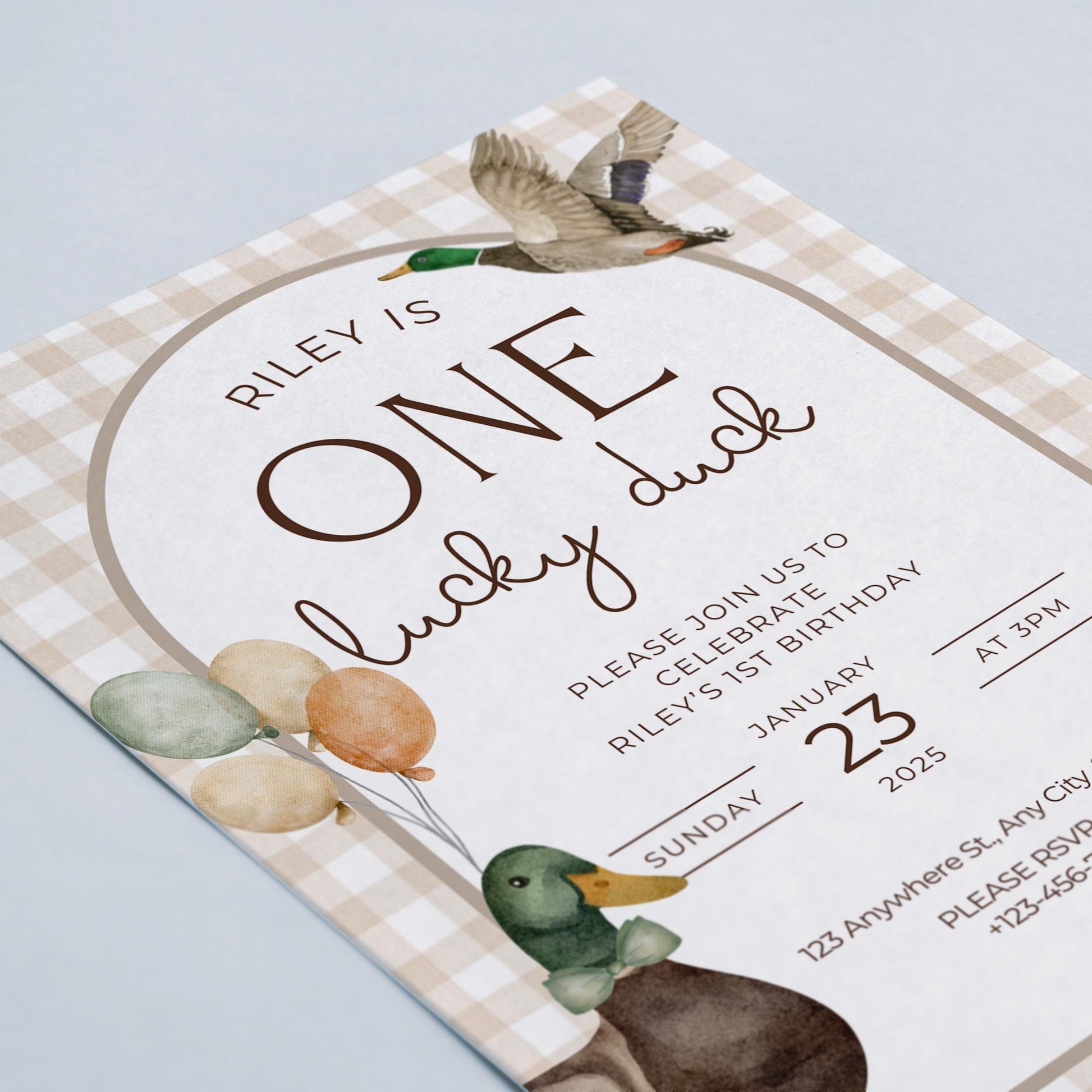 One Lucky Duck Birthday Invite Mallard Duck First Birthday 1st Birthday Duck theme Decor Editable  Invitation Duck Party Decorations