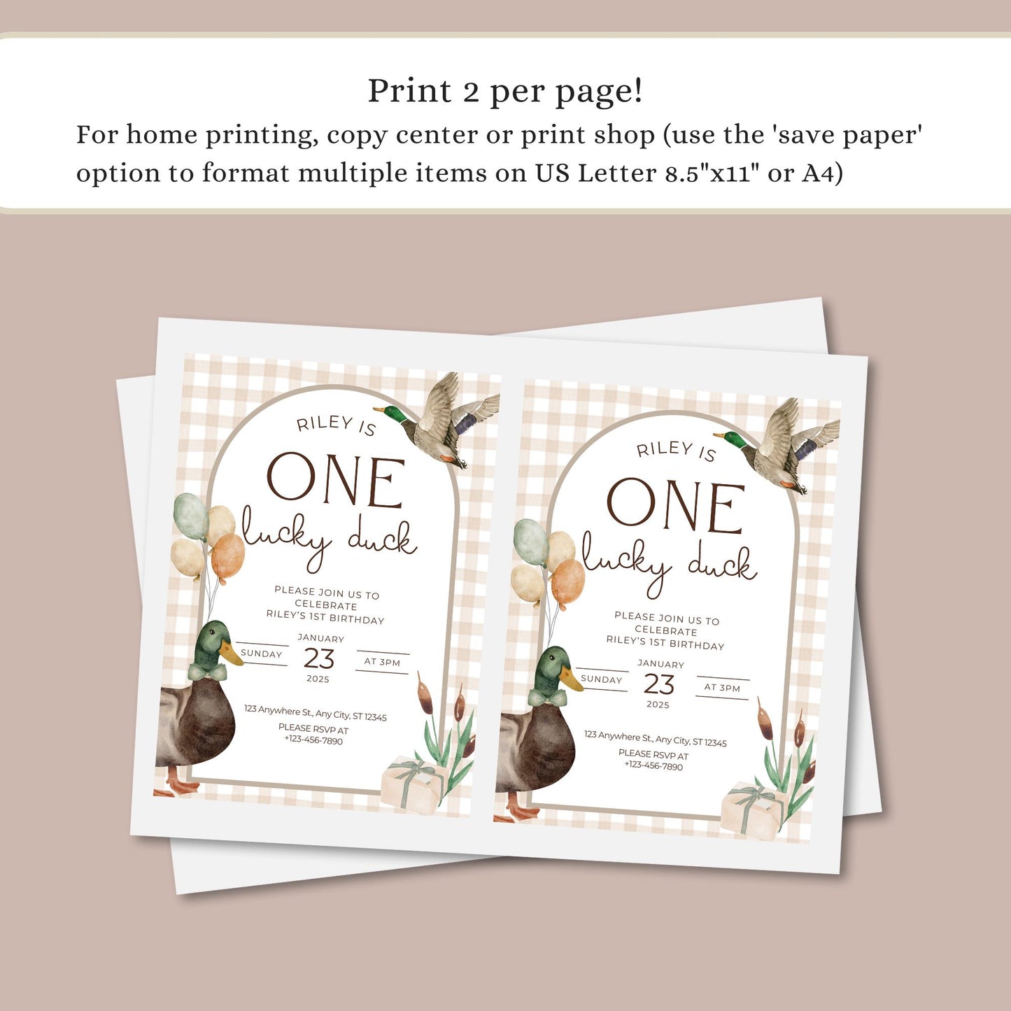 One Lucky Duck Birthday Invite Mallard Duck First Birthday 1st Birthday Duck theme Decor Editable  Invitation Duck Party Decorations