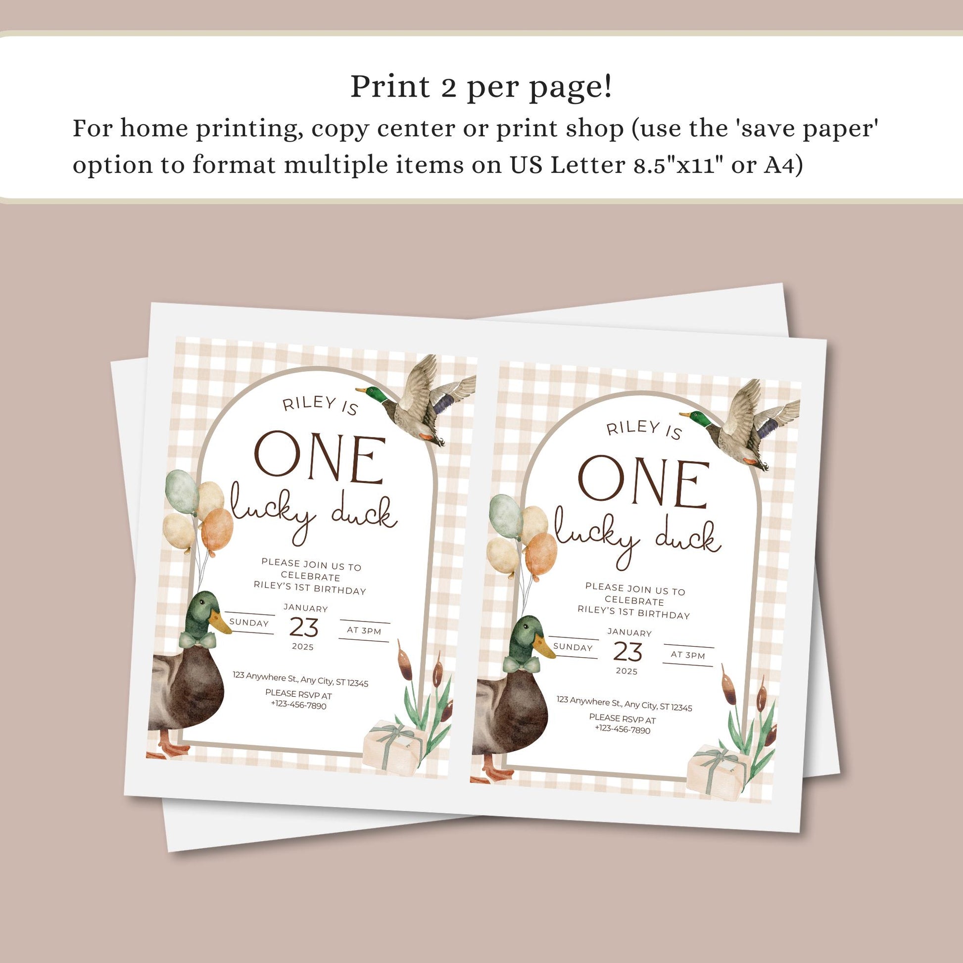 One Lucky Duck Birthday Invite Mallard Duck First Birthday 1st Birthday Duck theme Decor Editable  Invitation Duck Party Decorations