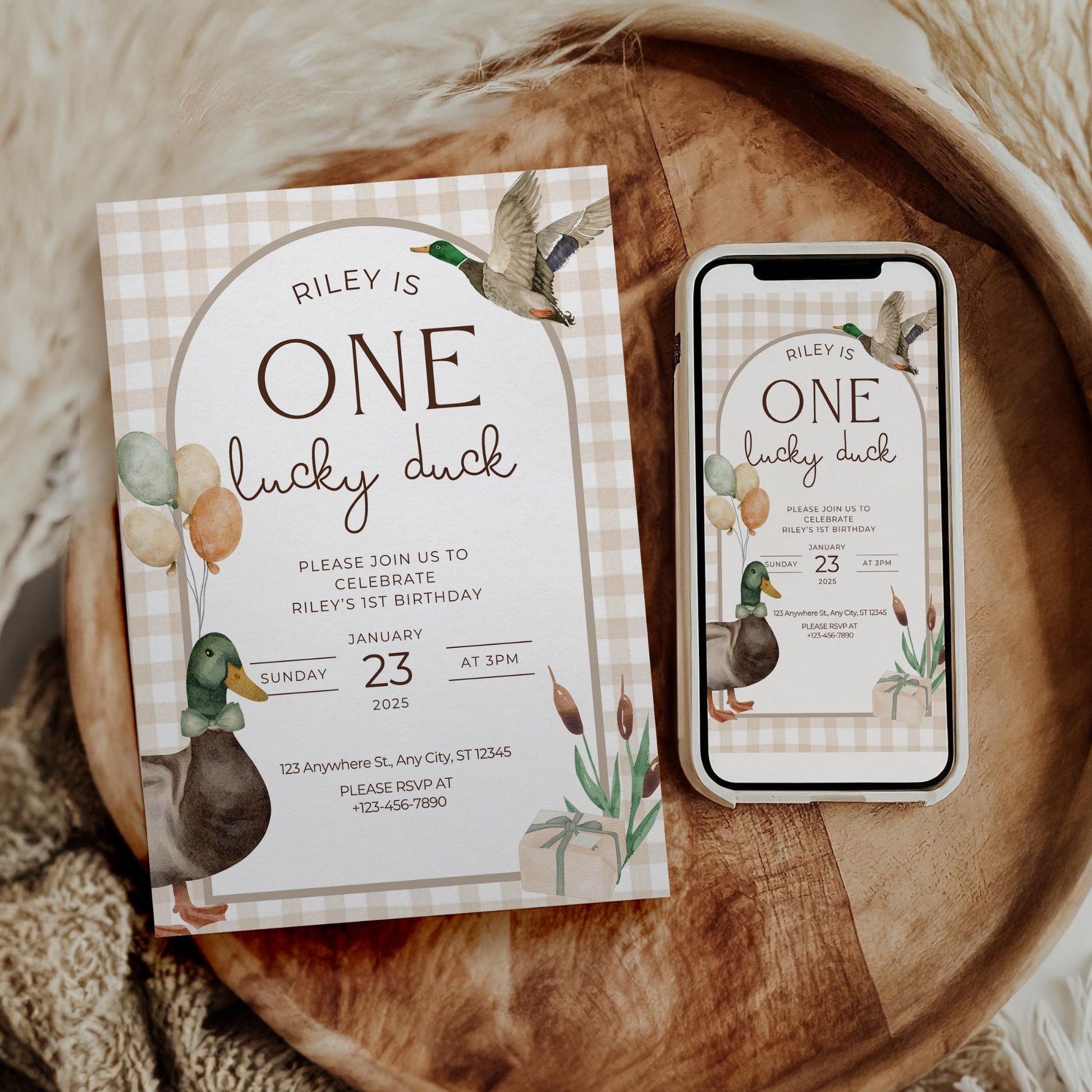 One Lucky Duck Birthday Invite Mallard Duck First Birthday 1st Birthday Duck theme Decor Editable  Invitation Duck Party Decorations