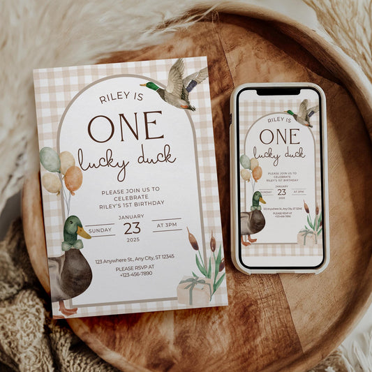 One Lucky Duck Birthday Invite Mallard Duck First Birthday 1st Birthday Duck theme Decor Editable  Invitation Duck Party Decorations