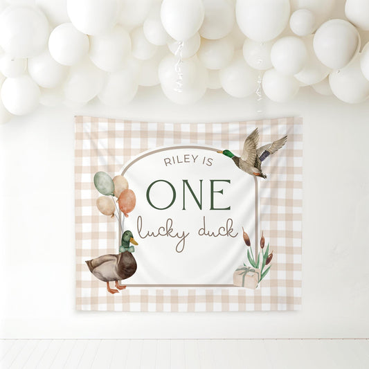 One Lucky Duck Birthday Personalized Banner 1st Birthday Lucky Duck Party Decor Photo Backdrop Duck Custom Banner First Birthday Ideas