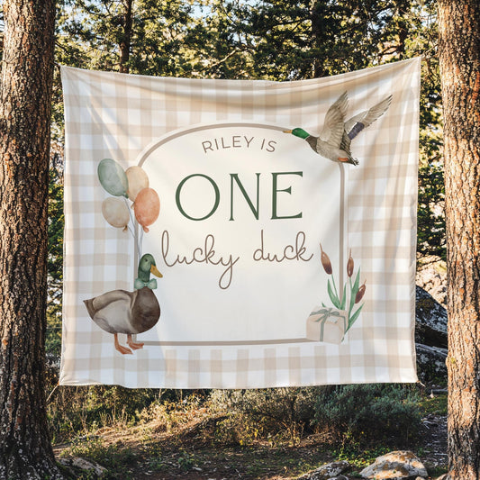 One Lucky Duck Birthday Personalized Banner 1st Birthday Lucky Duck Party Decor Photo Backdrop Duck Custom Banner First Birthday Ideas