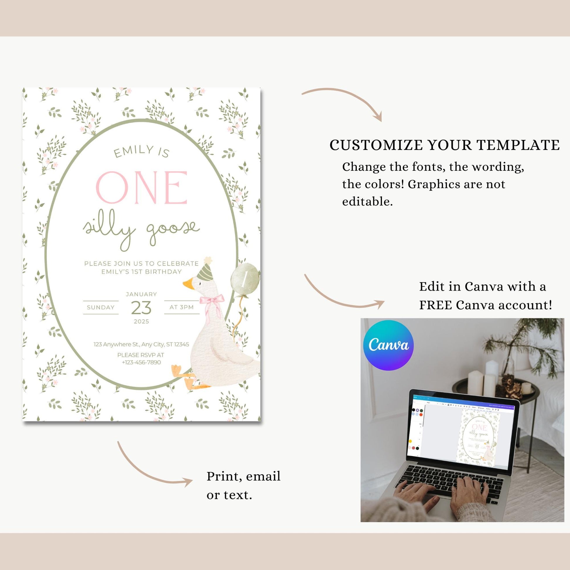 One Silly Goose Birthday Invite Vintage Floral First Birthday 1st Birthday Silly Goose Decor Editable  Invitation Nursery Rhyme Birthday
