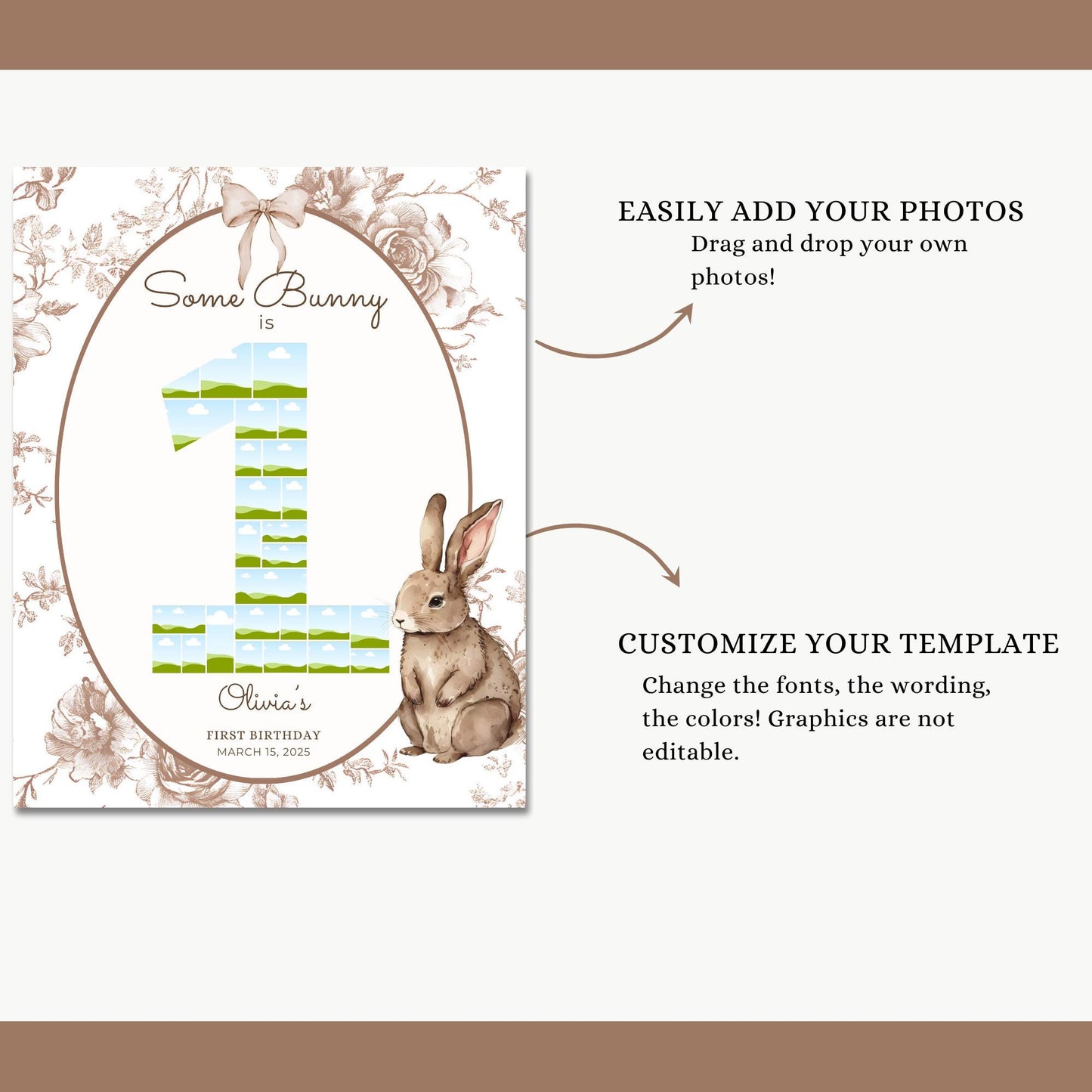Some Bunny is One First Birthday Sign Photo Collage Editable Bunny 1st Birthday Monthly Banner Vintage Floral Rabbit Photo Milestone sign