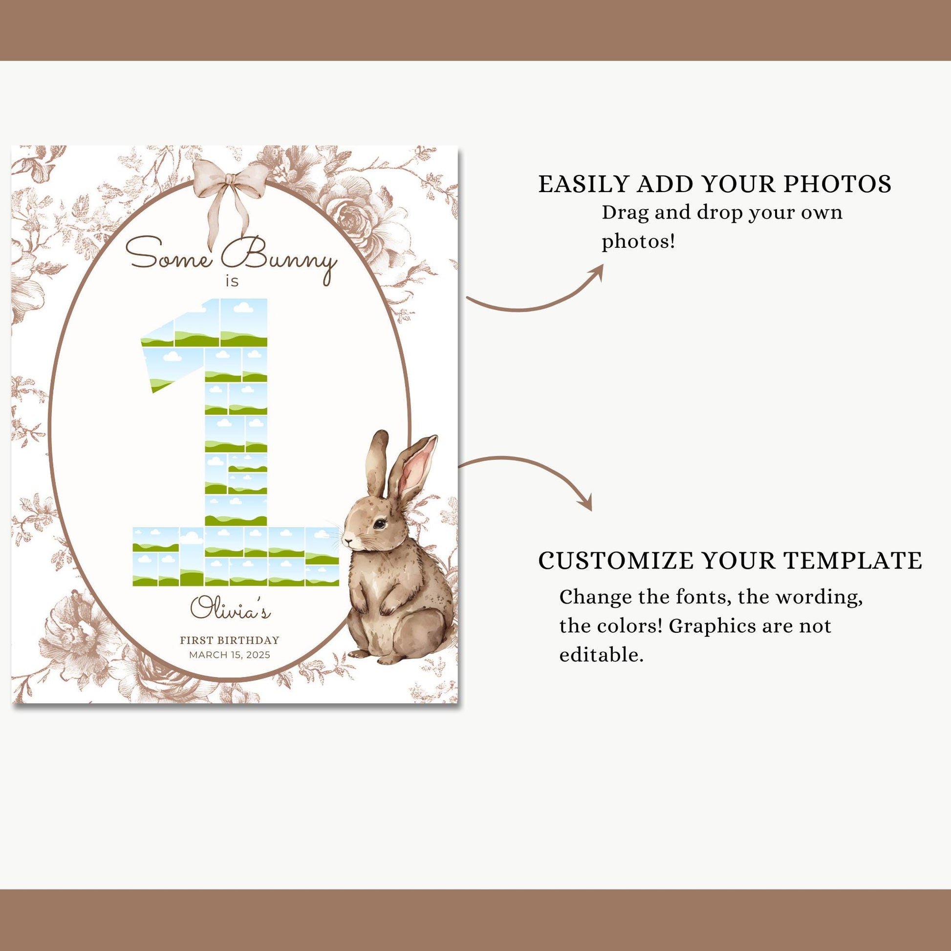Some Bunny is One First Birthday Sign Photo Collage Editable Bunny 1st Birthday Monthly Banner Vintage Floral Rabbit Photo Milestone sign