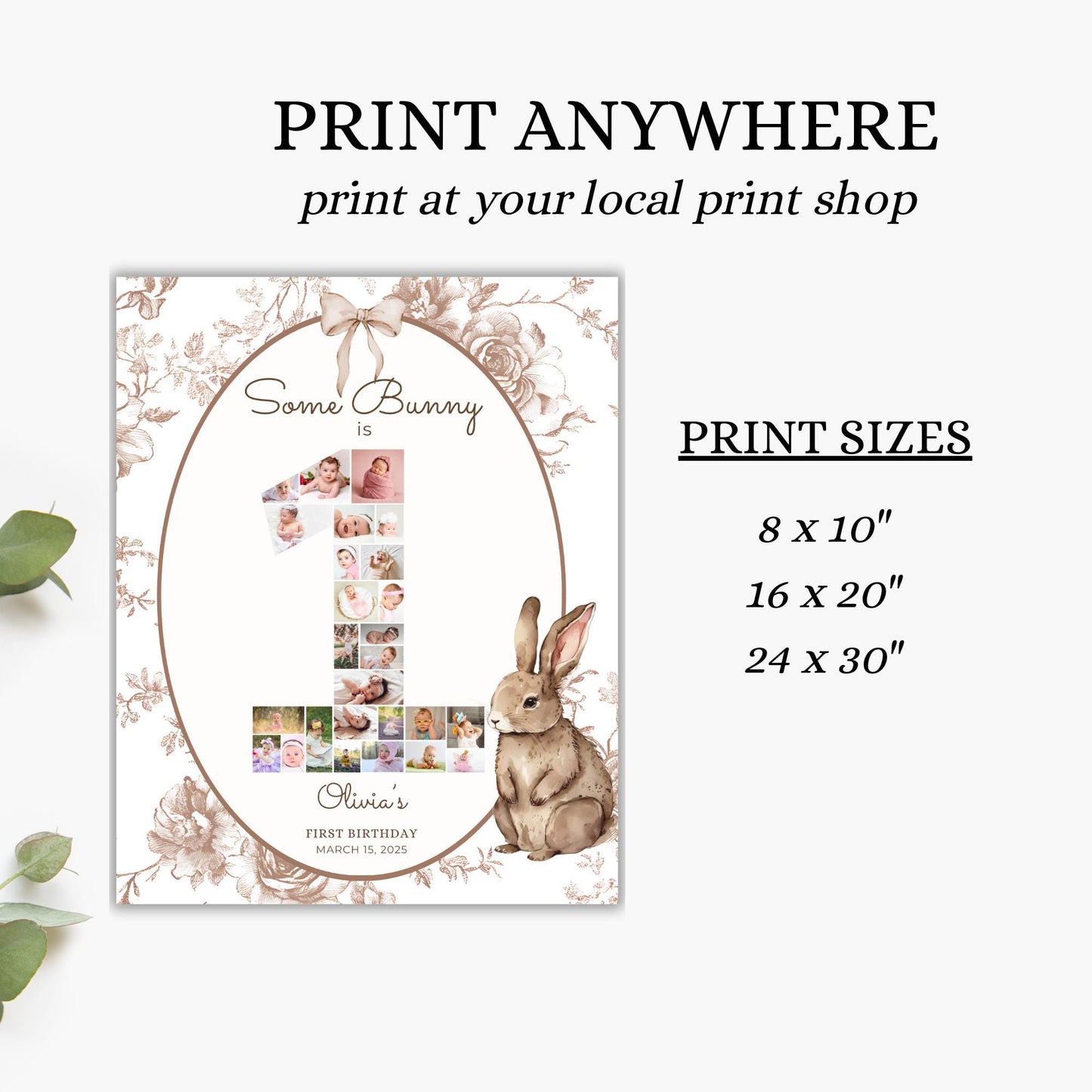 Some Bunny is One First Birthday Sign Photo Collage Editable Bunny 1st Birthday Monthly Banner Vintage Floral Rabbit Photo Milestone sign