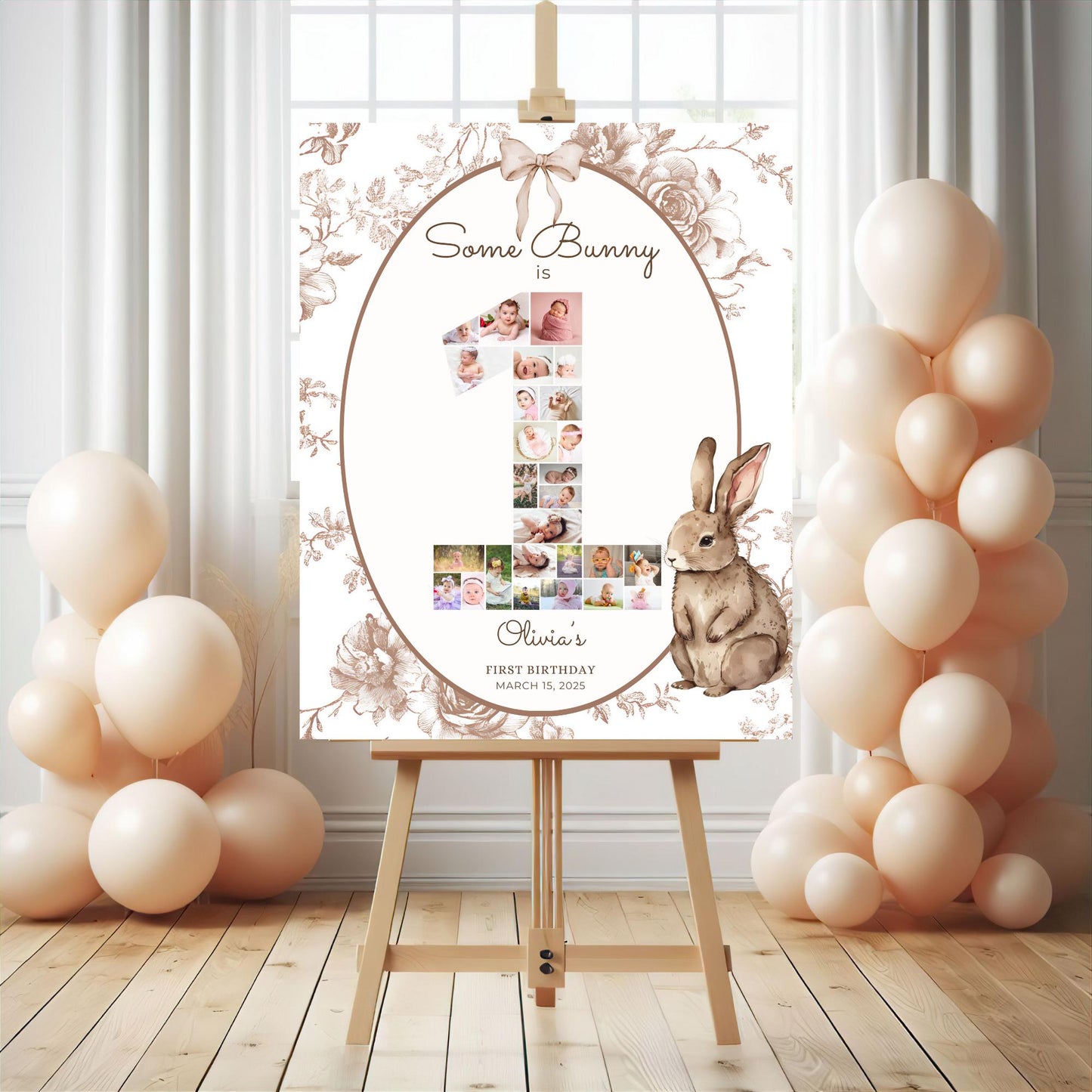 Some Bunny is One First Birthday Sign Photo Collage Editable Bunny 1st Birthday Monthly Banner Vintage Floral Rabbit Photo Milestone sign