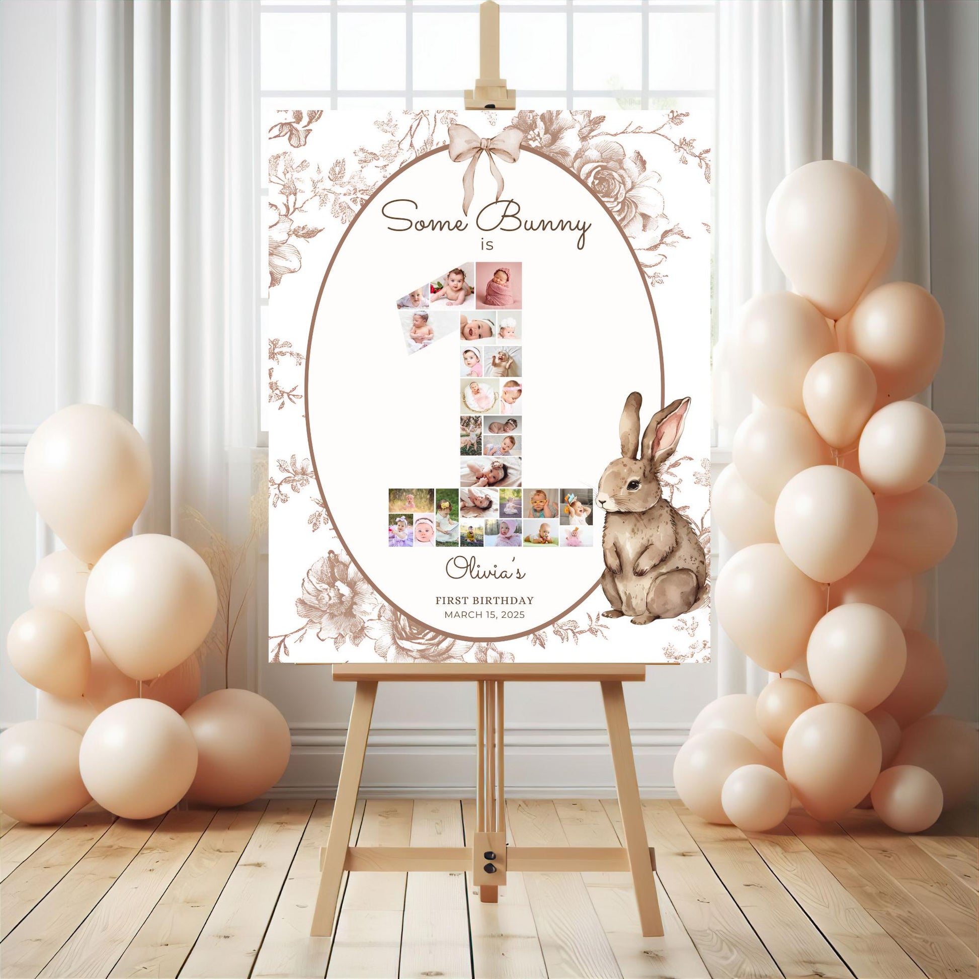 Some Bunny is One First Birthday Sign Photo Collage Editable Bunny 1st Birthday Monthly Banner Vintage Floral Rabbit Photo Milestone sign
