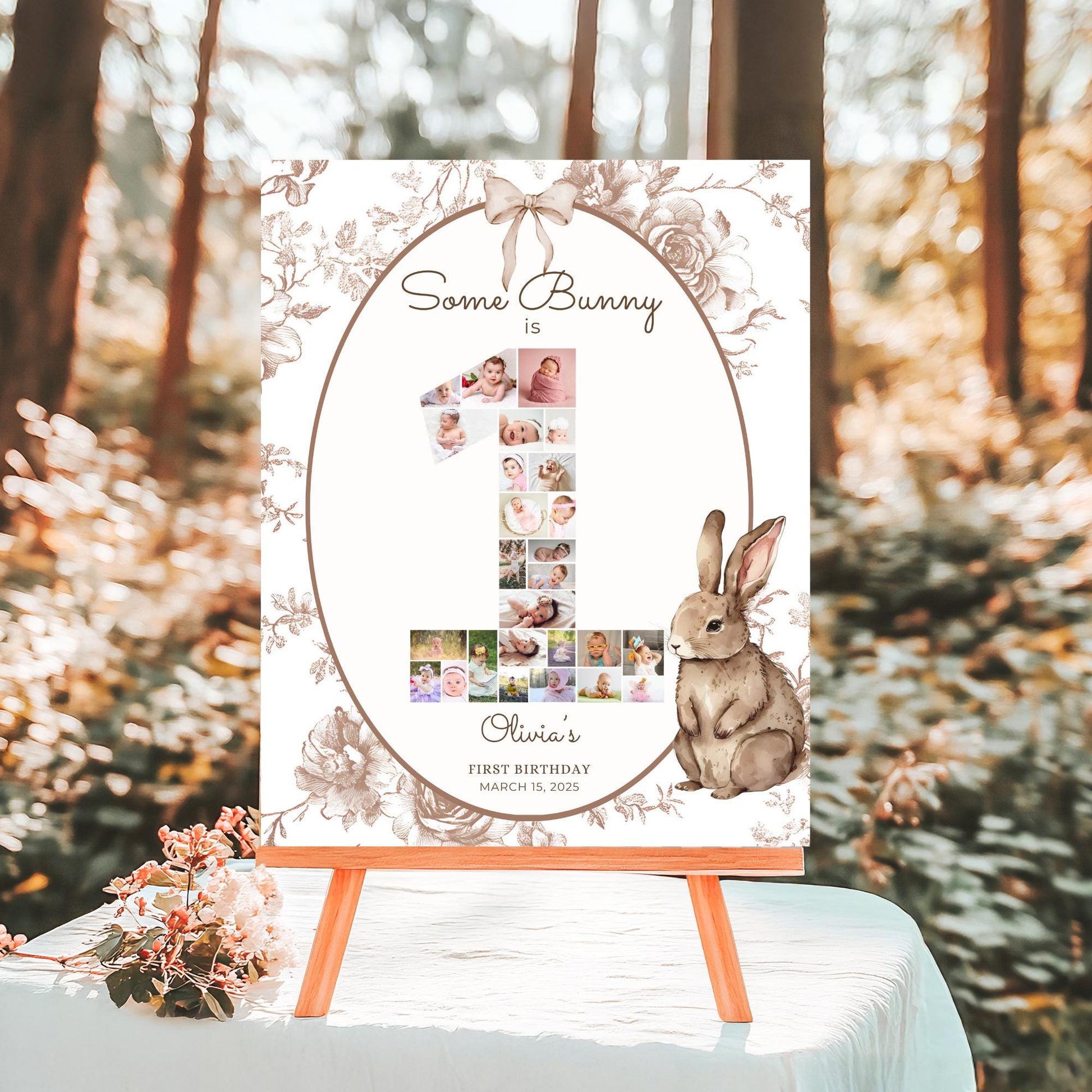 Some Bunny is One First Birthday Sign Photo Collage Editable Bunny 1st Birthday Monthly Banner Vintage Floral Rabbit Photo Milestone sign