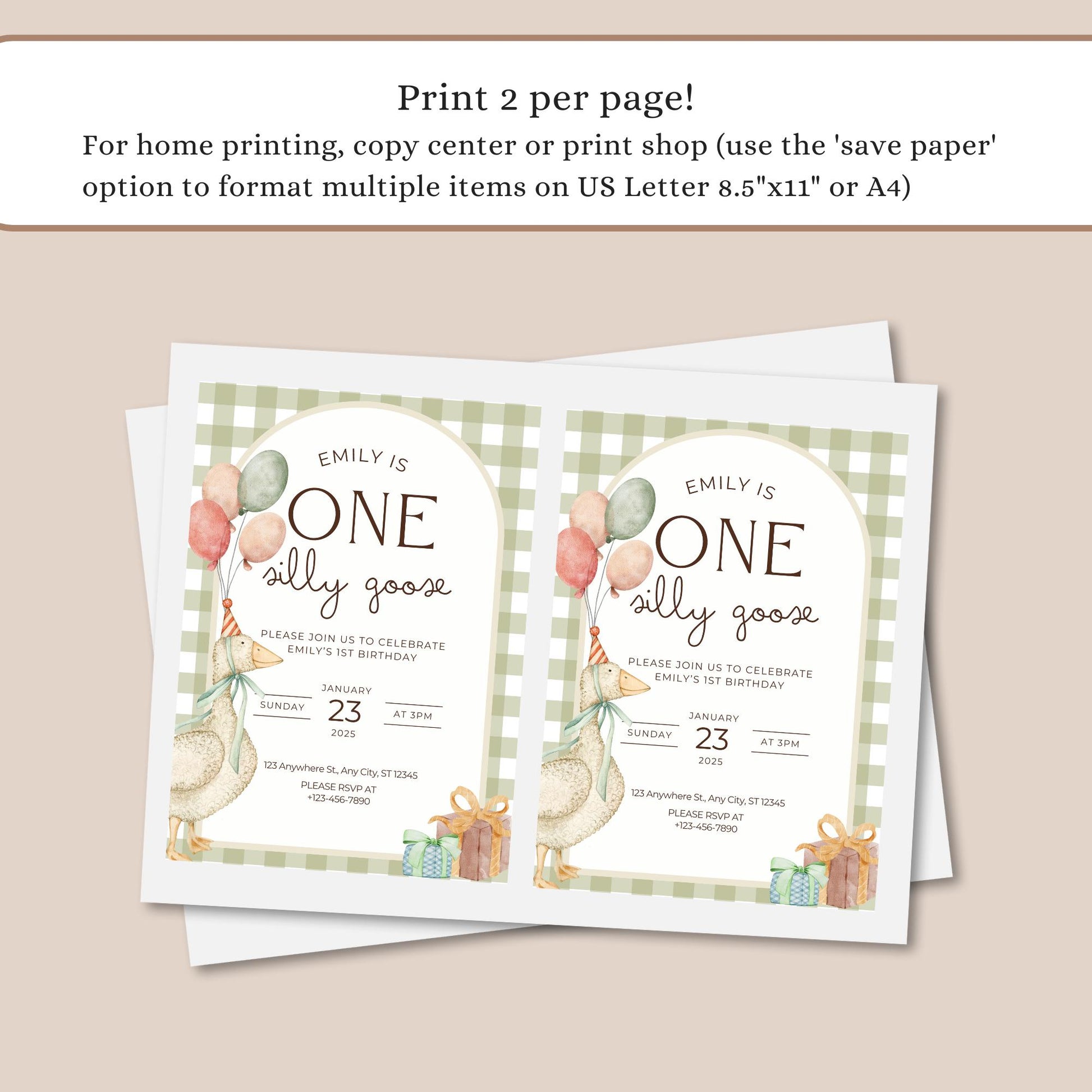One Silly Goose Birthday Invite Gender Neutral First Birthday 1st Birthday Silly Goose Decor Editable  Invitation Nursery Rhyme Birthday