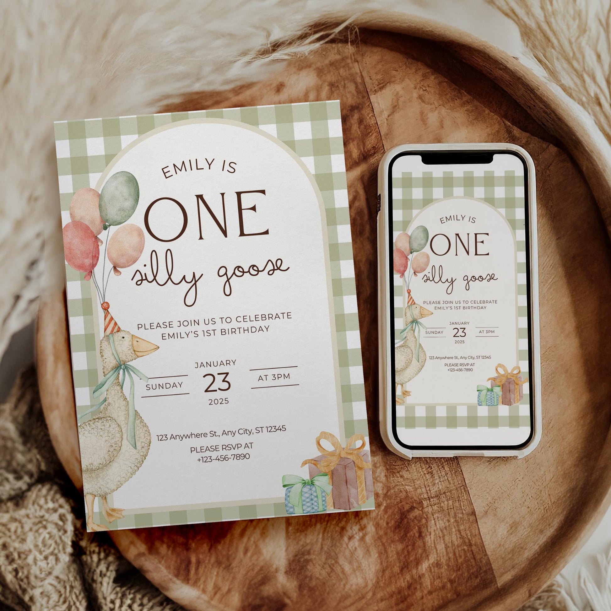 One Silly Goose Birthday Invite Gender Neutral First Birthday 1st Birthday Silly Goose Decor Editable  Invitation Nursery Rhyme Birthday