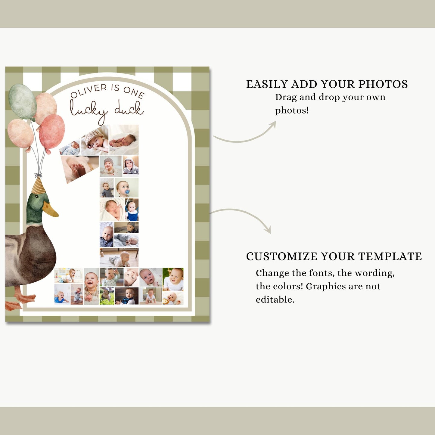 One Lucky Duck Birthday Sign Photo Collage Editable Mallard Duck 1st Birthday Monthly Banner Duck First Birthday Photo Milestone sign