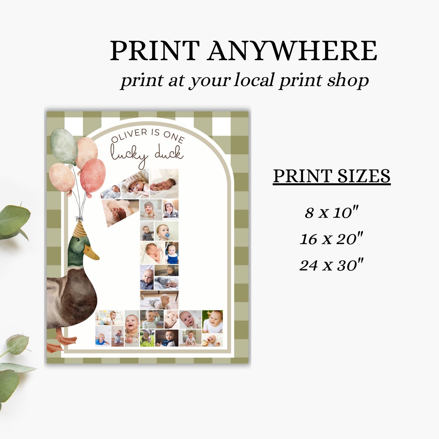 One Lucky Duck Birthday Sign Photo Collage Editable Mallard Duck 1st Birthday Monthly Banner Duck First Birthday Photo Milestone sign