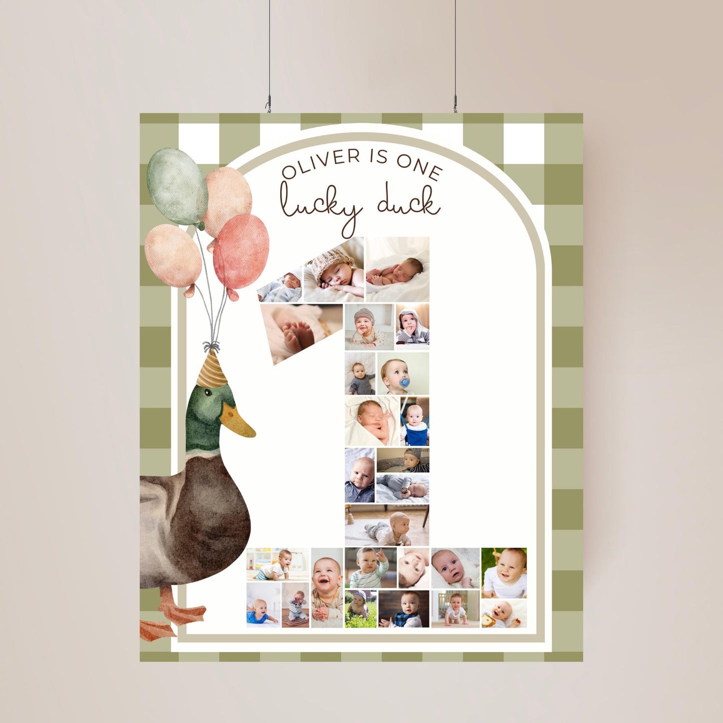 One Lucky Duck Birthday Sign Photo Collage Editable Mallard Duck 1st Birthday Monthly Banner Duck First Birthday Photo Milestone sign