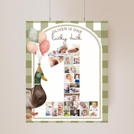 One Lucky Duck Birthday Sign Photo Collage Editable Mallard Duck 1st Birthday Monthly Banner Duck First Birthday Photo Milestone sign