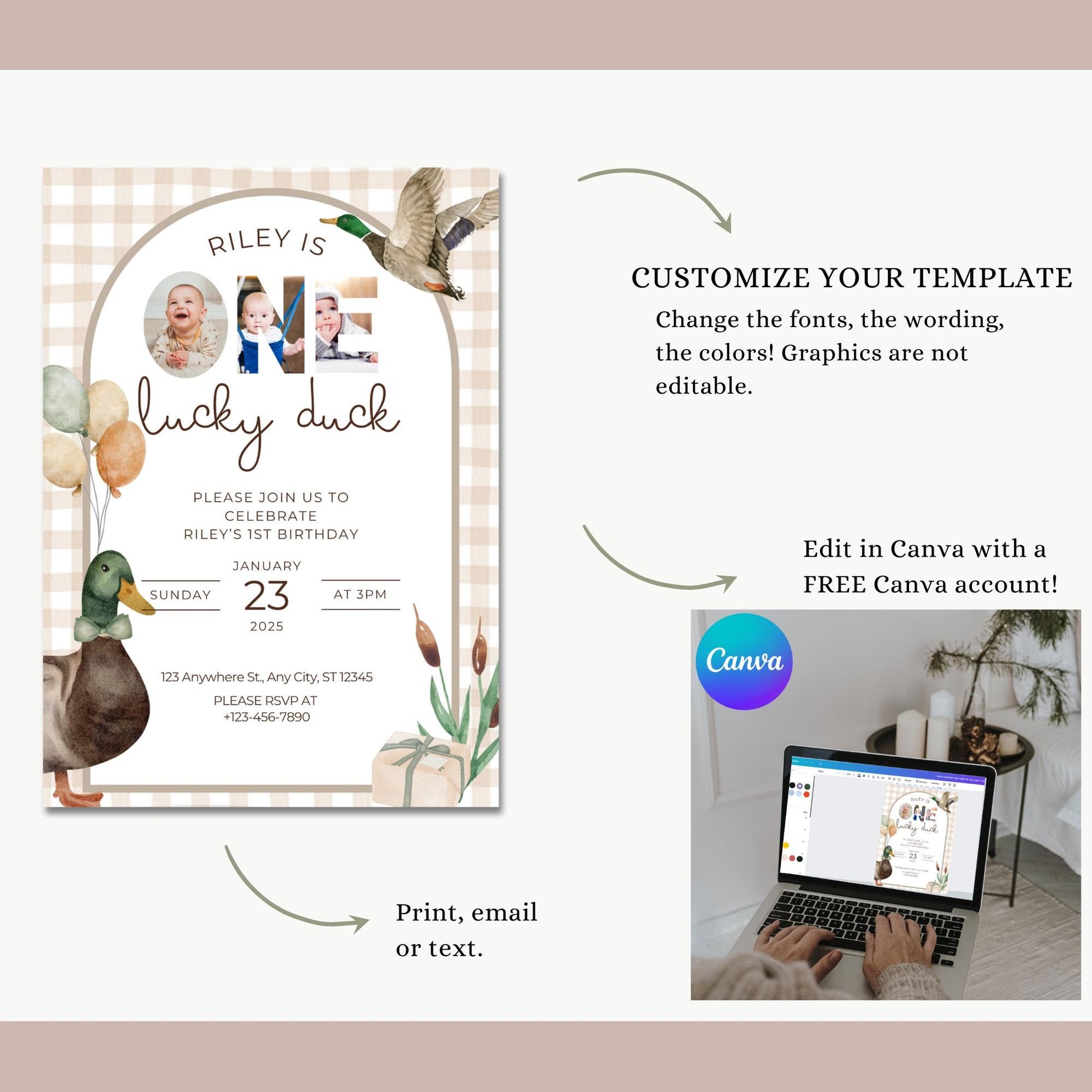 One Lucky Duck Birthday Invitation Boys First Birthday Invite Mallard Duck Watercolor Duck Gingham 1st Birthday Party Invite