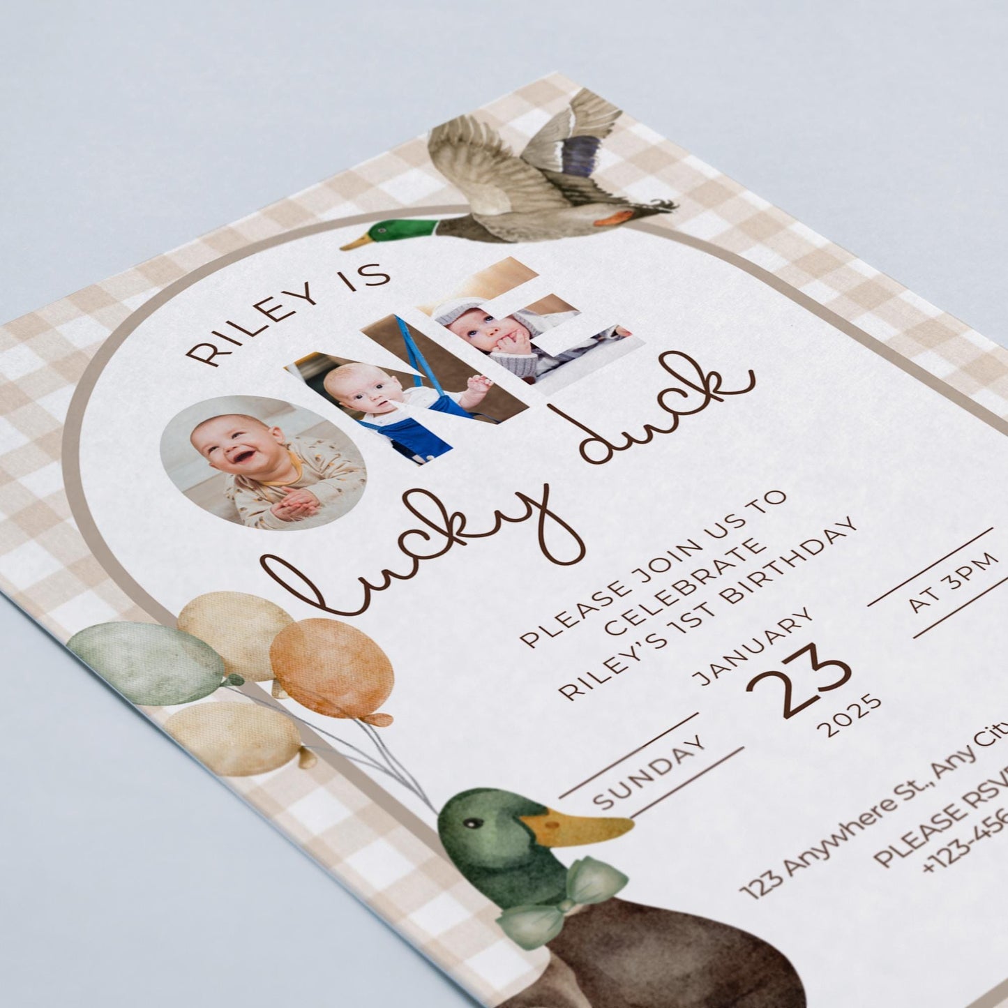One Lucky Duck Birthday Invitation Boys First Birthday Invite Mallard Duck Watercolor Duck Gingham 1st Birthday Party Invite