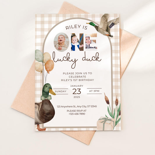 One Lucky Duck Birthday Invitation Boys First Birthday Invite Mallard Duck Watercolor Duck Gingham 1st Birthday Party Invite